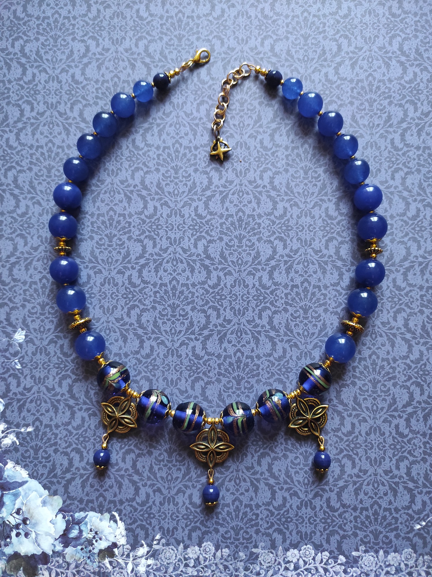 Necklace "Starry sky" from glass and chalcedony