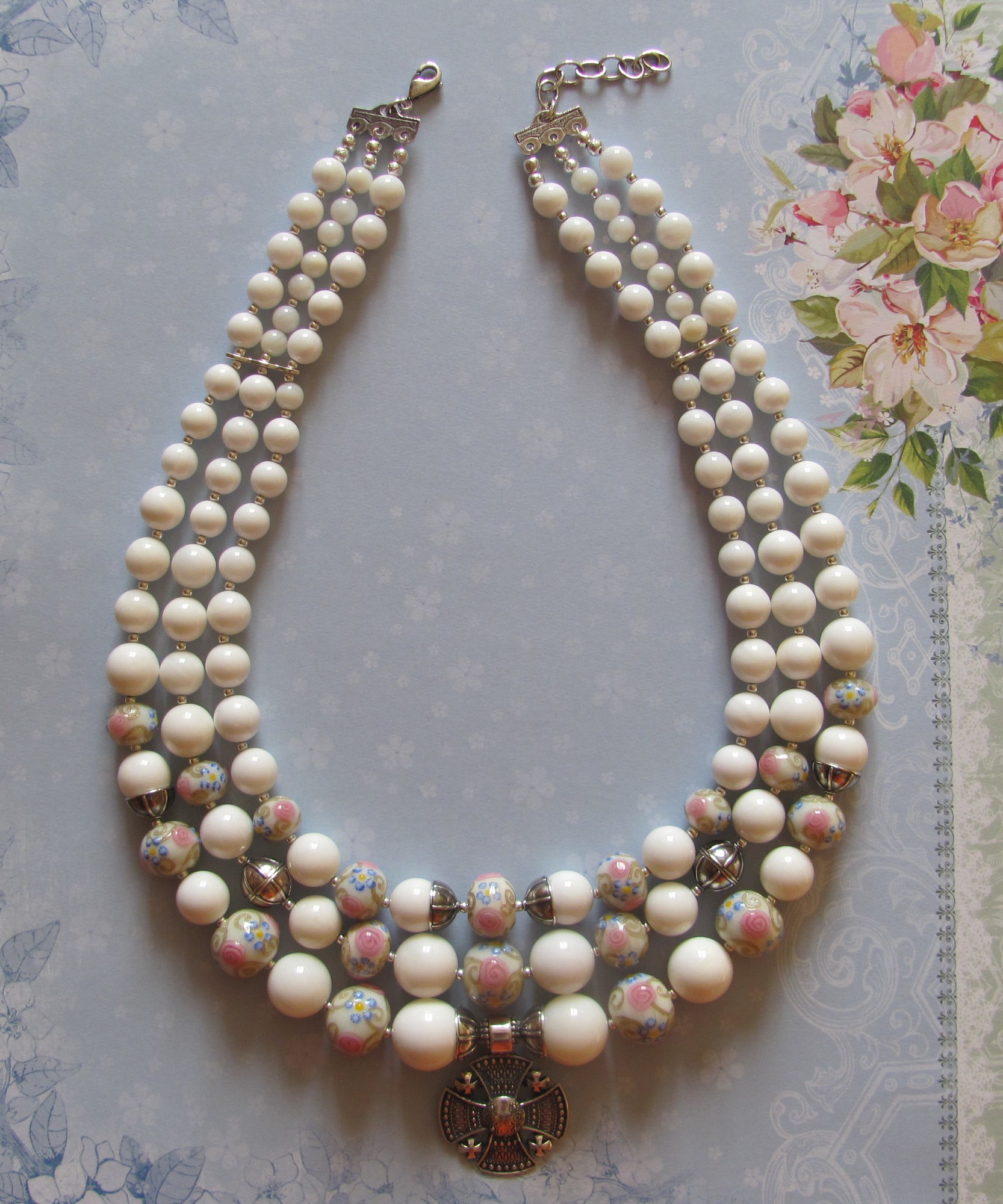 Necklace «Snow White» from glass beads, mother-of-pearl beads and silver