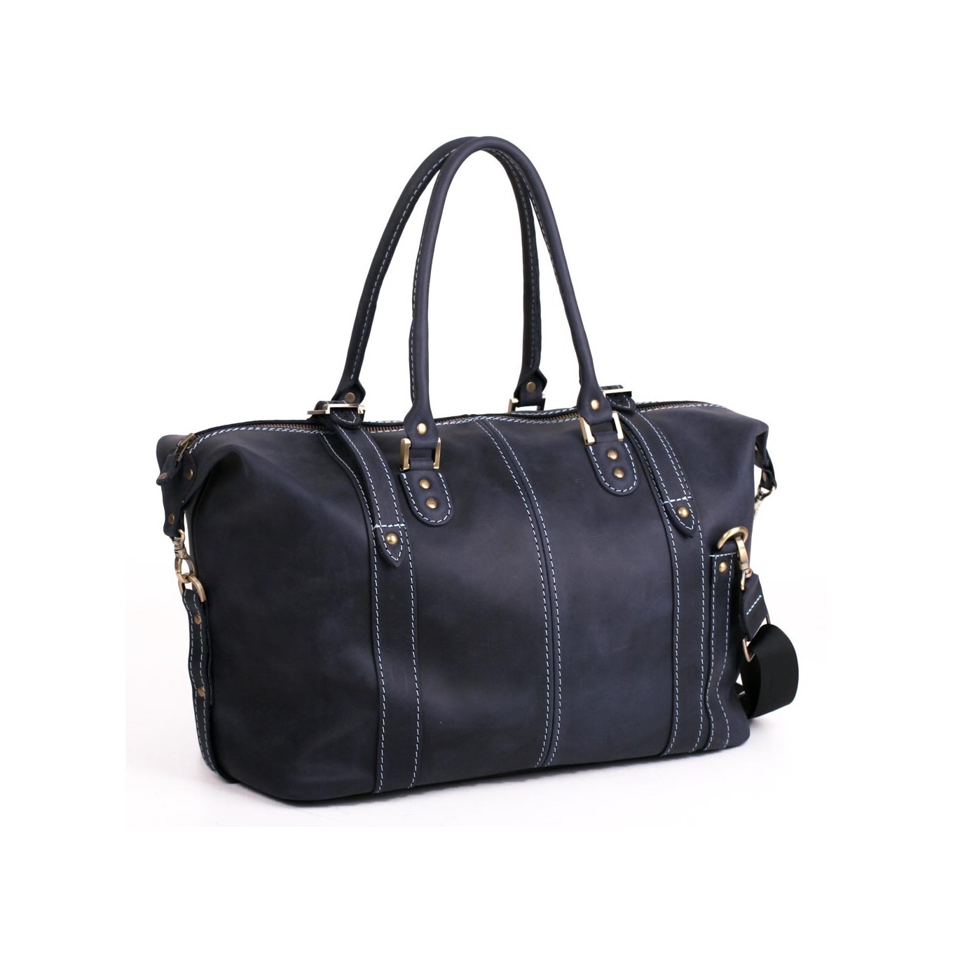 blue travel bag leather