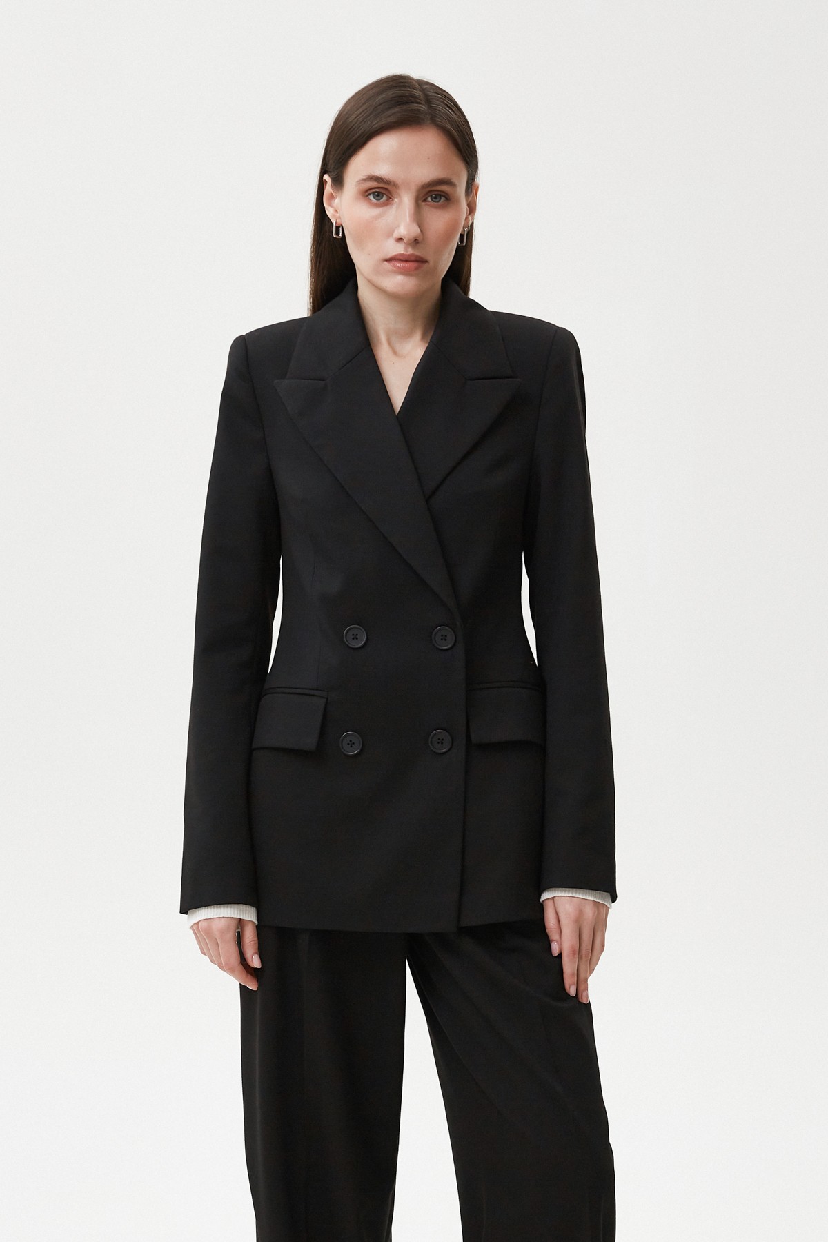 Black double-breasted jacket made of viscose suit fabric