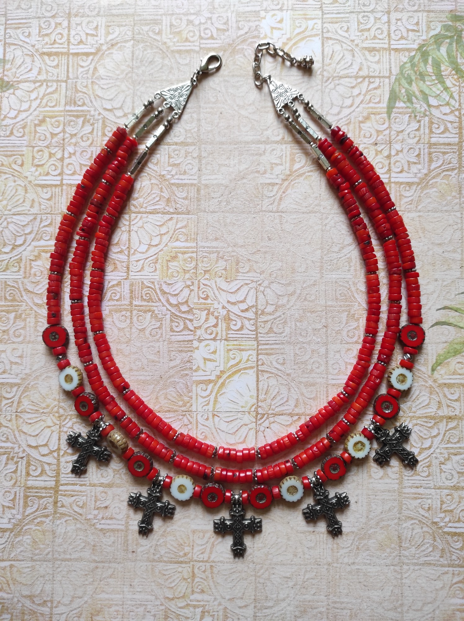 Necklace zgarda "Coral corolla" from glass beads and coral