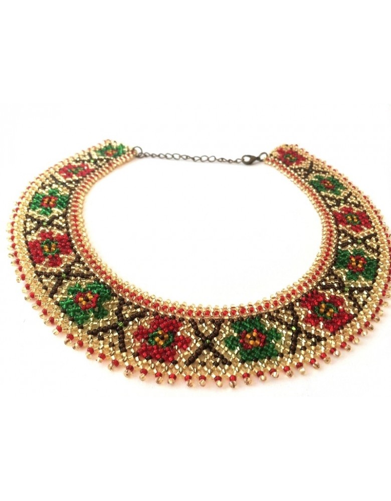 Beaded necklace-sylyanka gold with red and green flowers