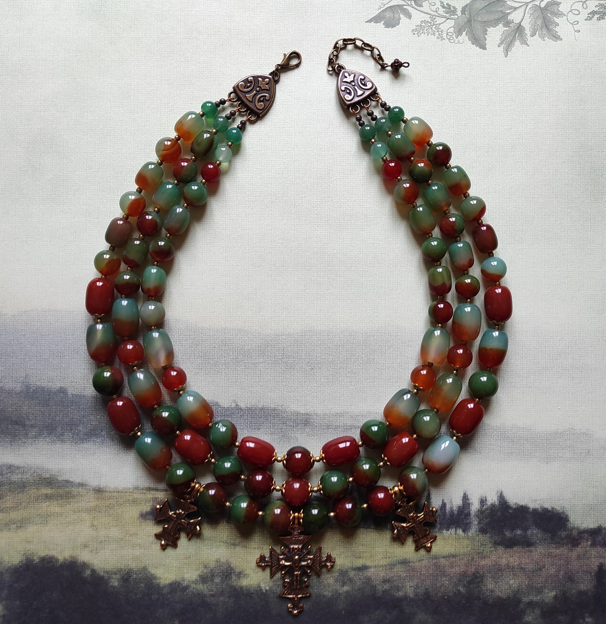 Necklace zgarda "Grapes" from agate "Peacock" and carnelian