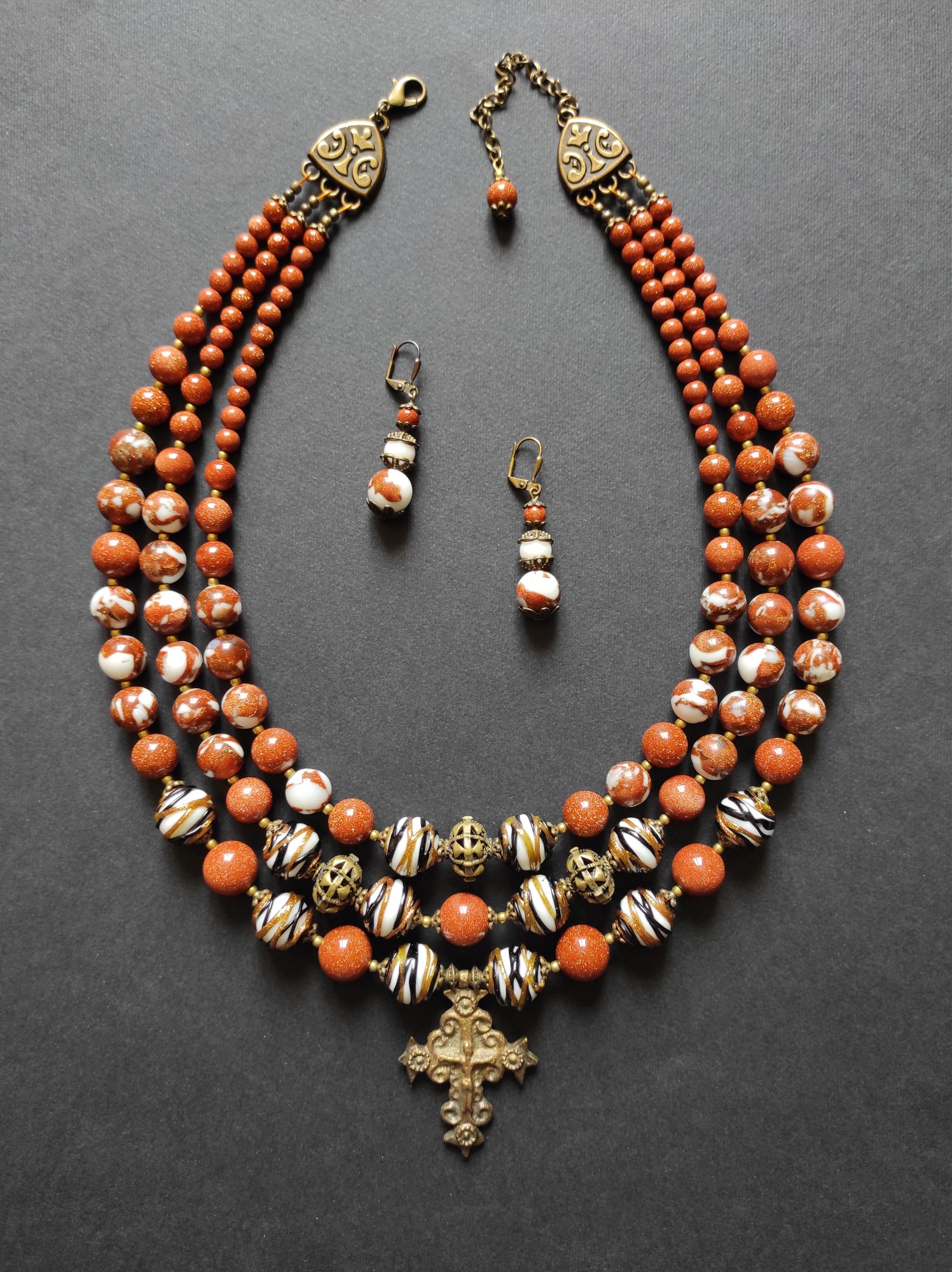 Necklace zgarda "Chocolate" from glass beads and adventurin "Golden sand"