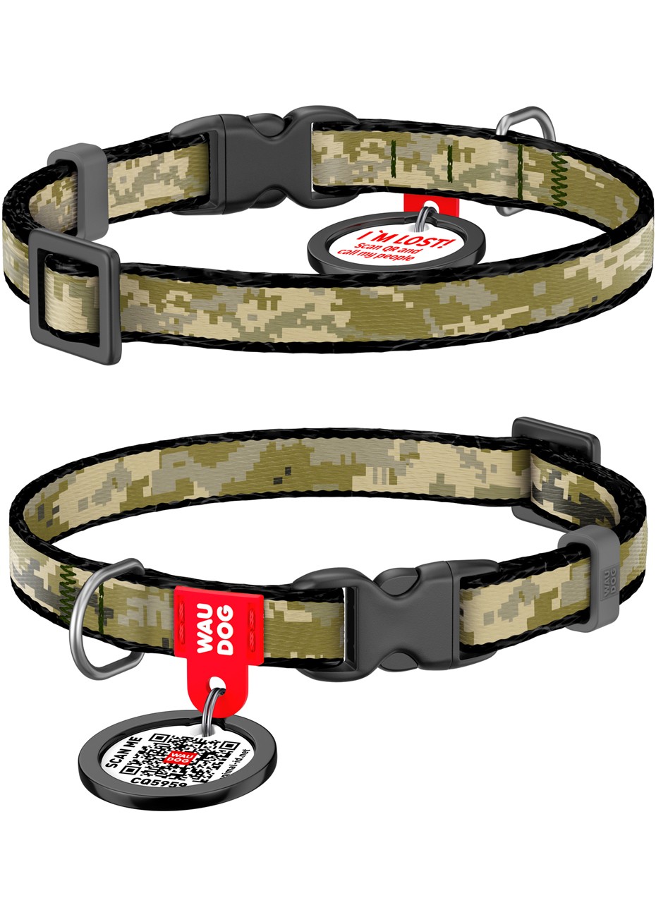 WAUDOG Nylon cat and small dog collar with QR pet tag, "Military", XS, W 10 mm, L 20-30 cm