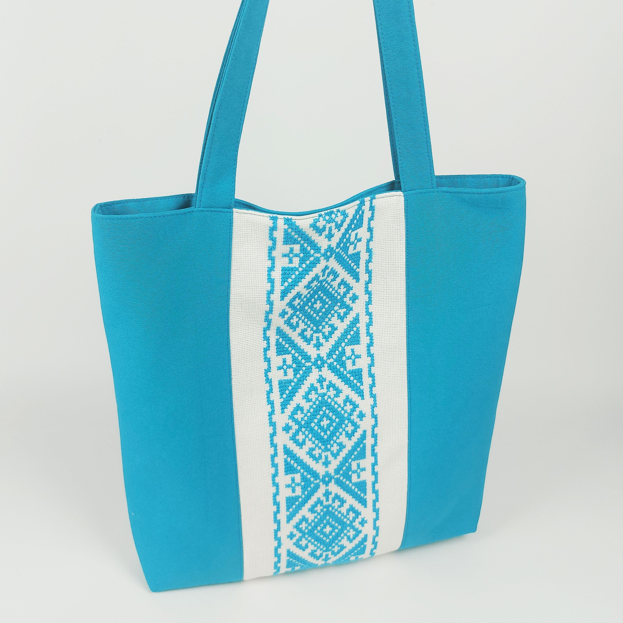 Handmade textile tote bag Vysyvanka (turquoise)