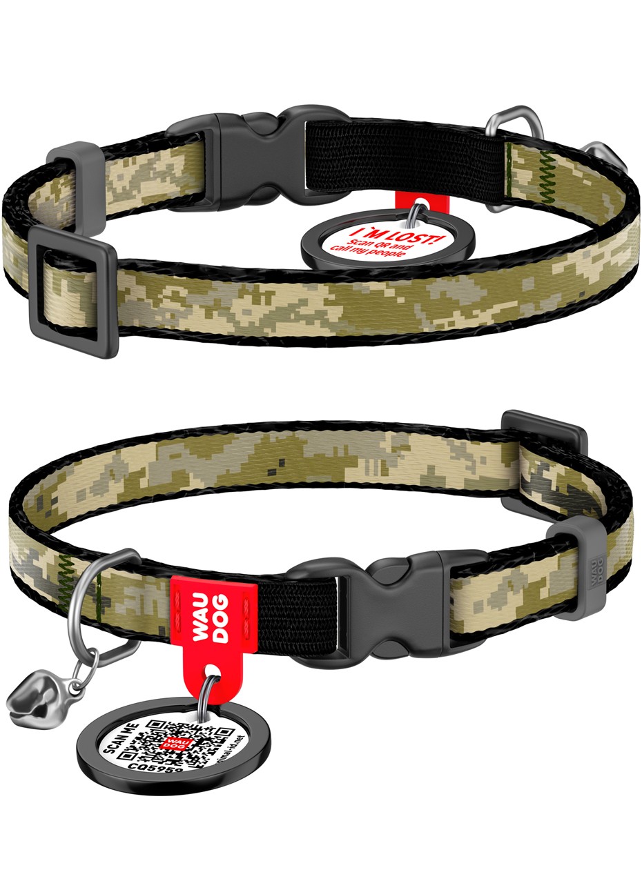 WAUDOG Nylon cat collar with elastic band and QR pet tag, "Military", XS, W 10 mm, L 20-30 cm