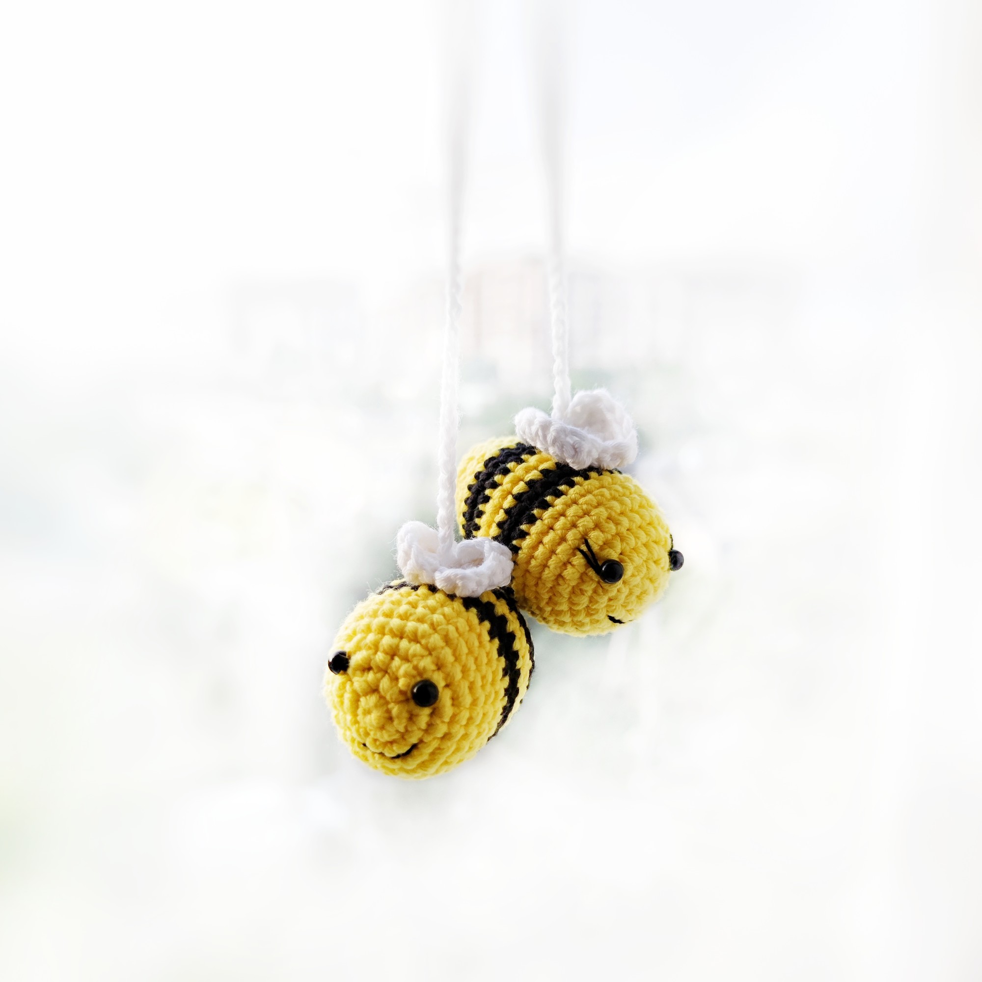 2 tiny bee car accessories , Crochet hanging decor, Rear view mirror accessories , Yellow car charm