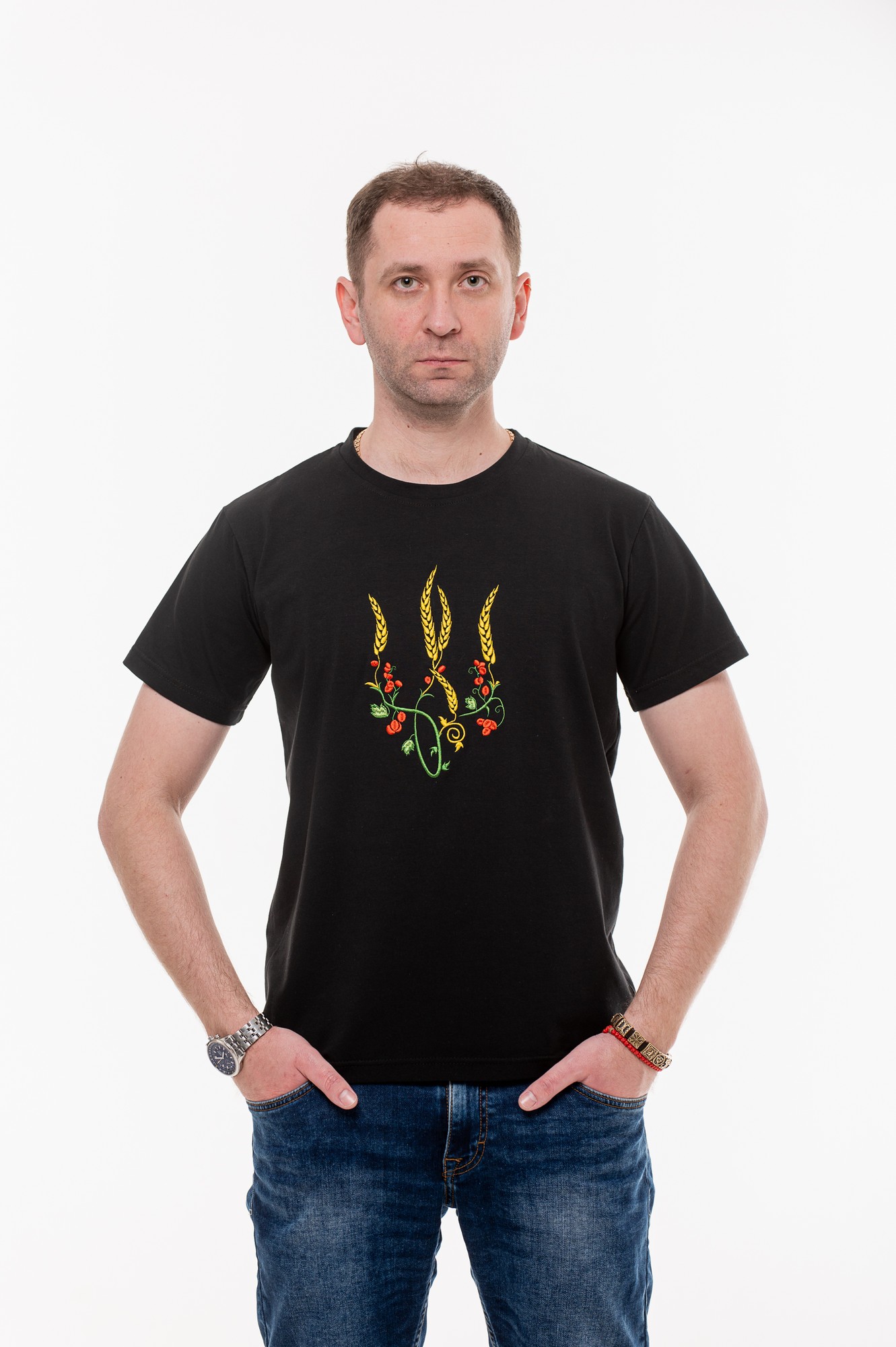 Men's t-shirt with embroidery "Ukrainian tryzub red Kalina" black. Support Ukraine