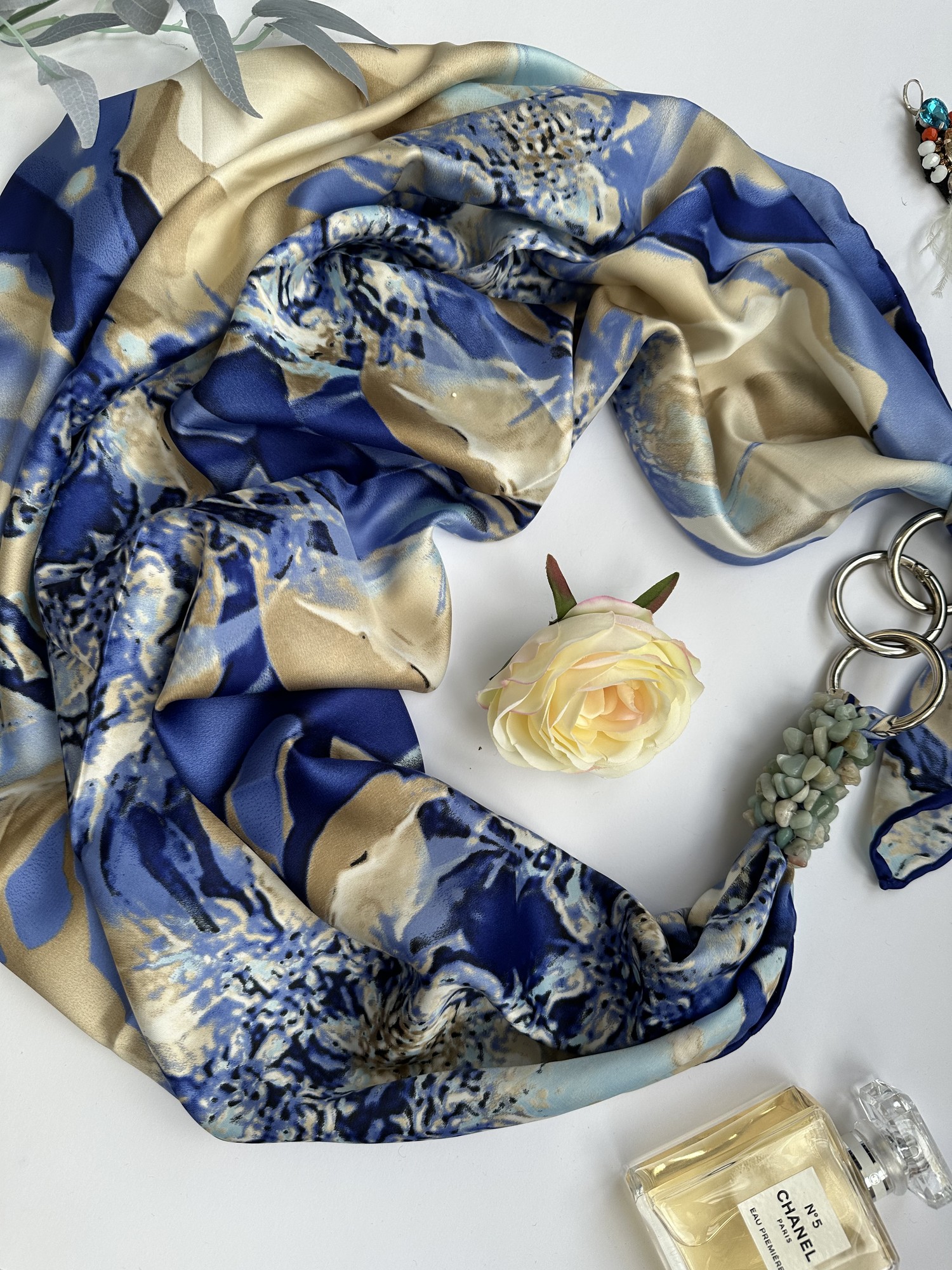 Silk scarf My Scarf "Ukraine  spring" luxurious print. Decorated with natural t agat  stone