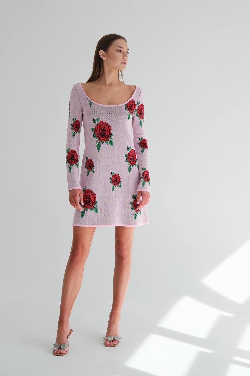 Knitted dress "roses", length 79 cm