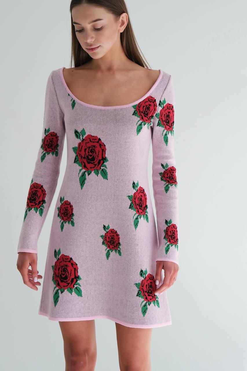 Knitted dress "roses", length 85 cm