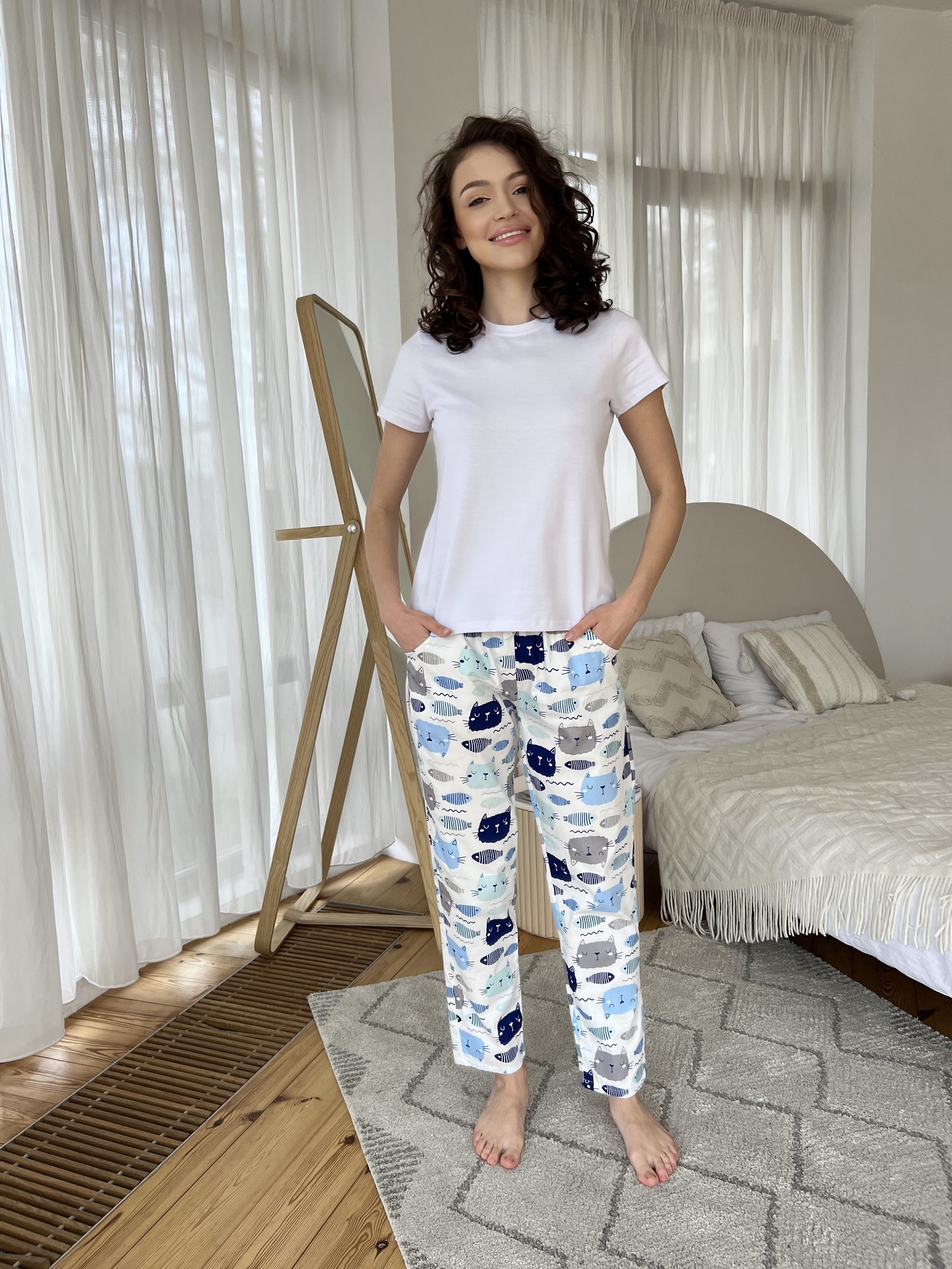 Women's Pajamas COZY satin pants+T-shirt Cats Fish milk