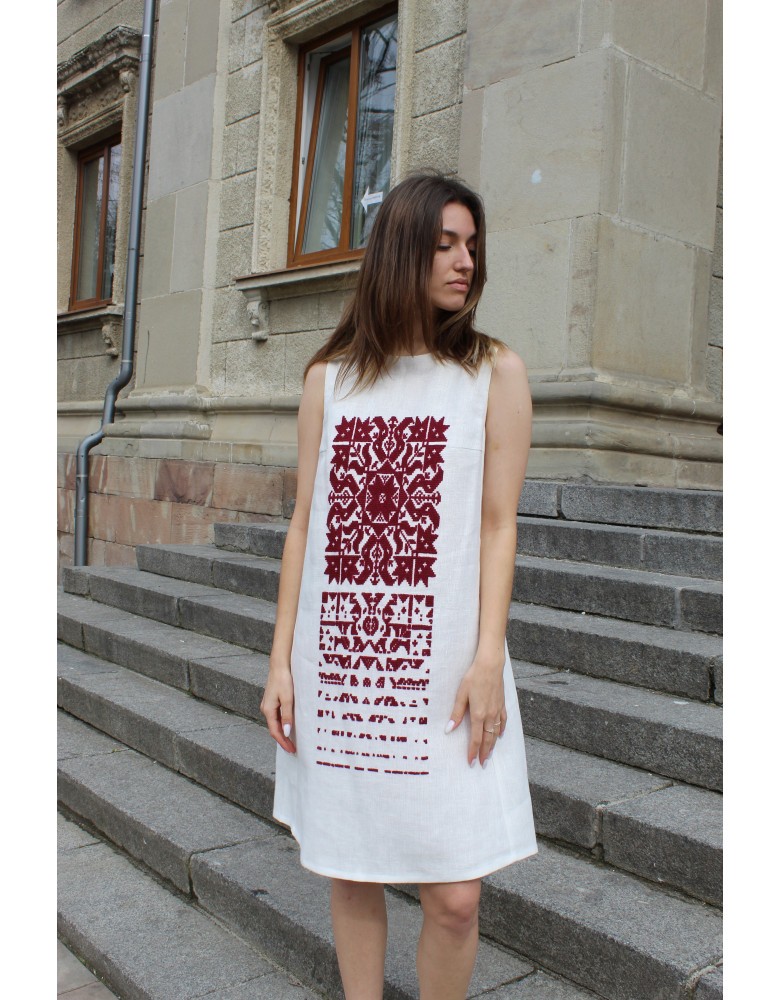 White linen embroidered dress Spadayucha Zirka (hand embroidery)Bordo