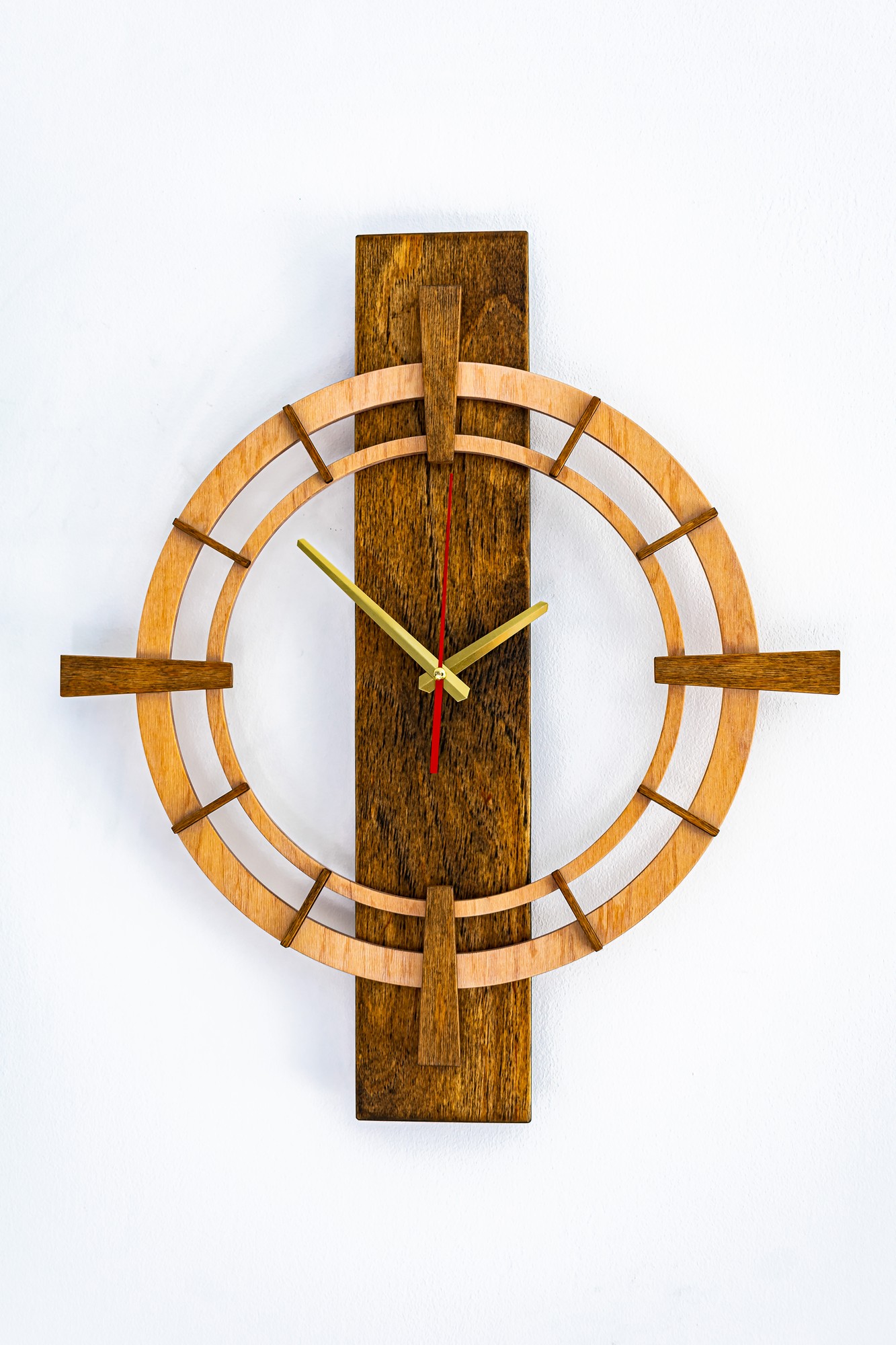 Wall clock made of wood, height 50cm, covered with linseed oil and beeswax