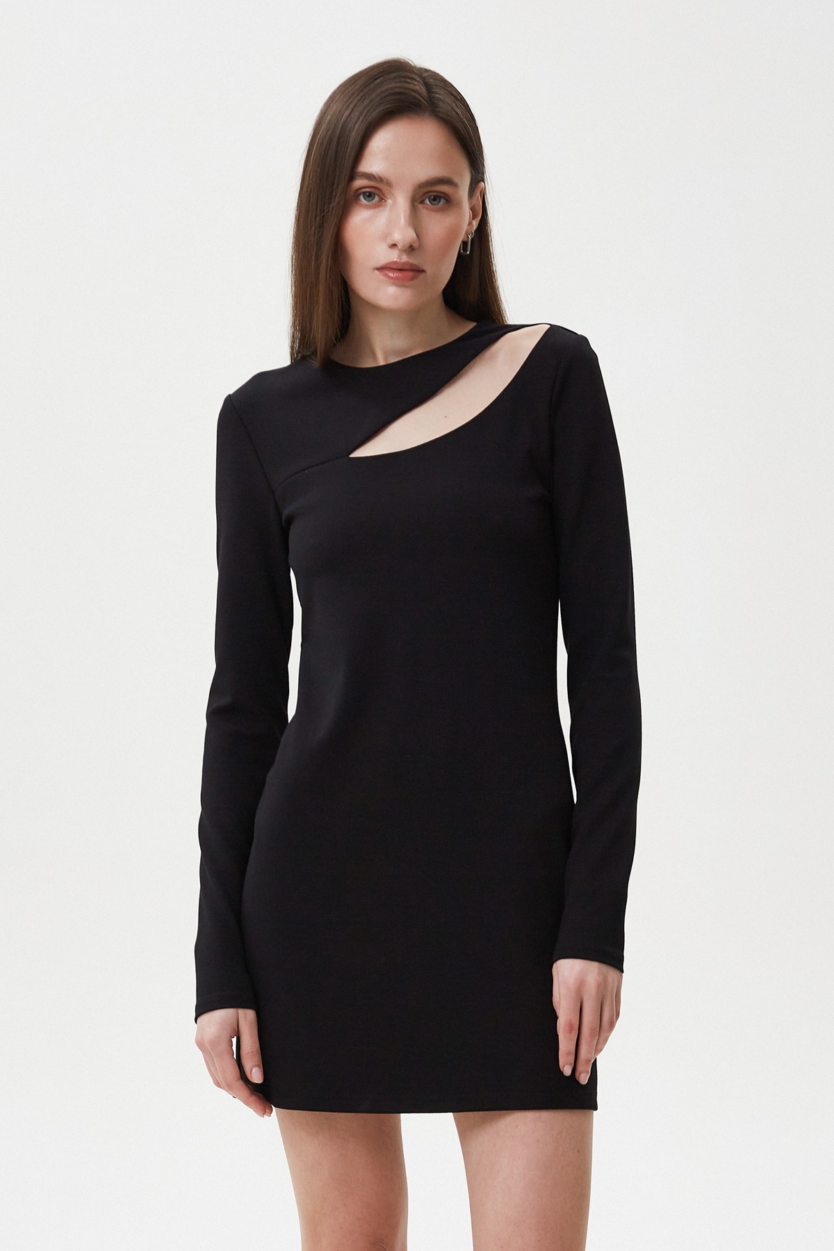 Black short viscose dress with a shoulder cut out
