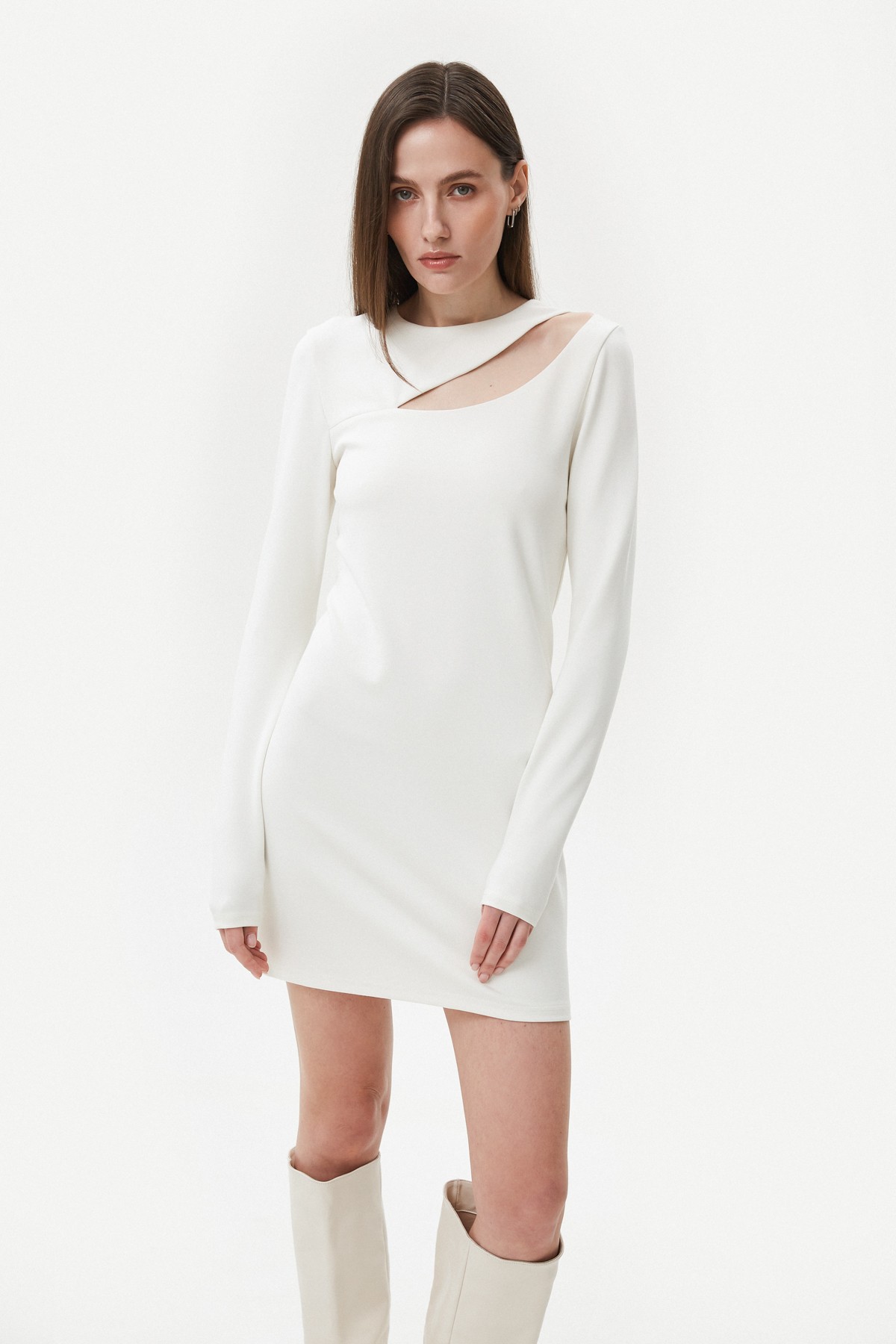 Milky short viscose dress with a shoulder cut out