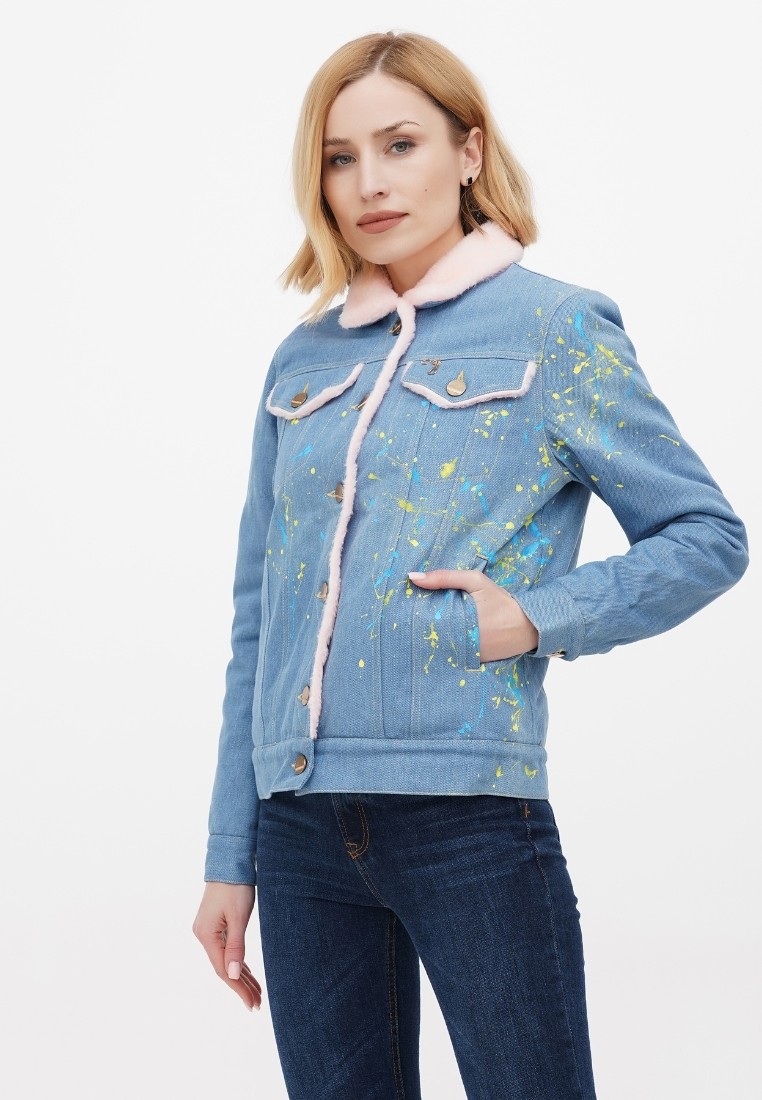 Women's denim jacket with fur dasti denim urban pink with design