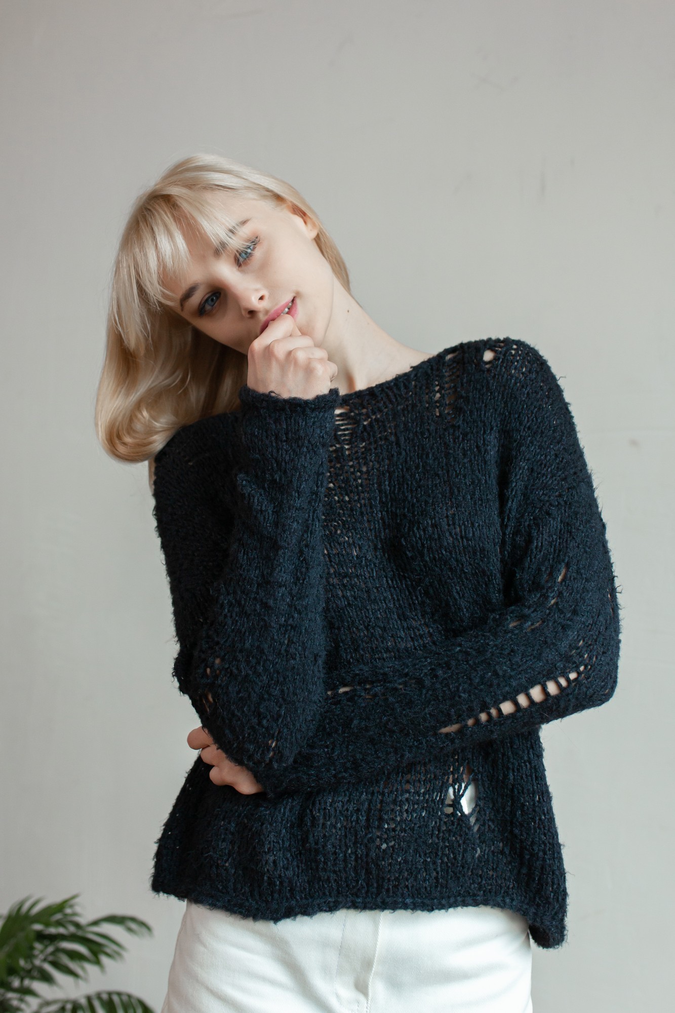 Silk black hand-knitted sweater in stock