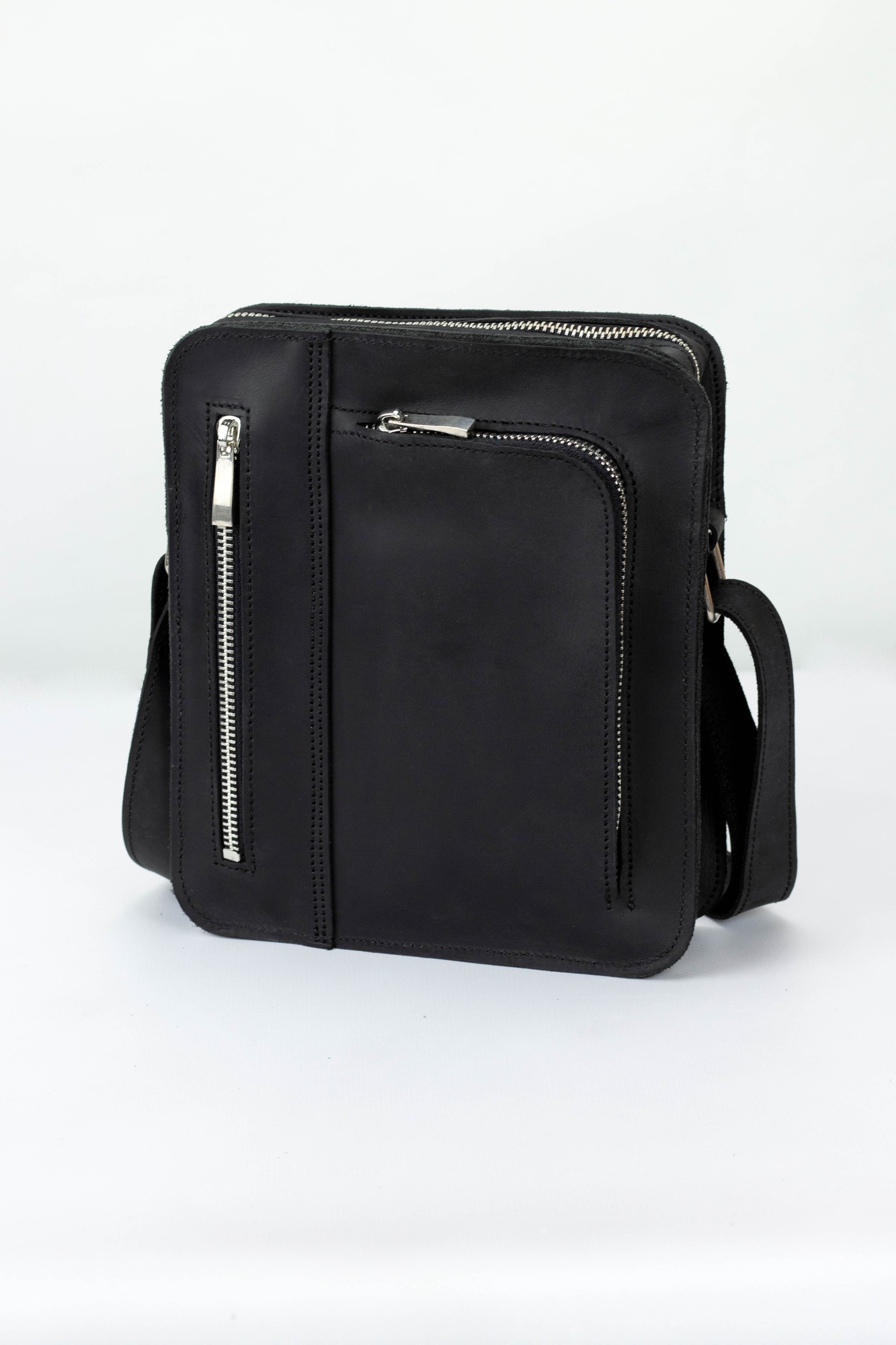 Leather bag for men with pocket for phone and shoulder strap / black ...