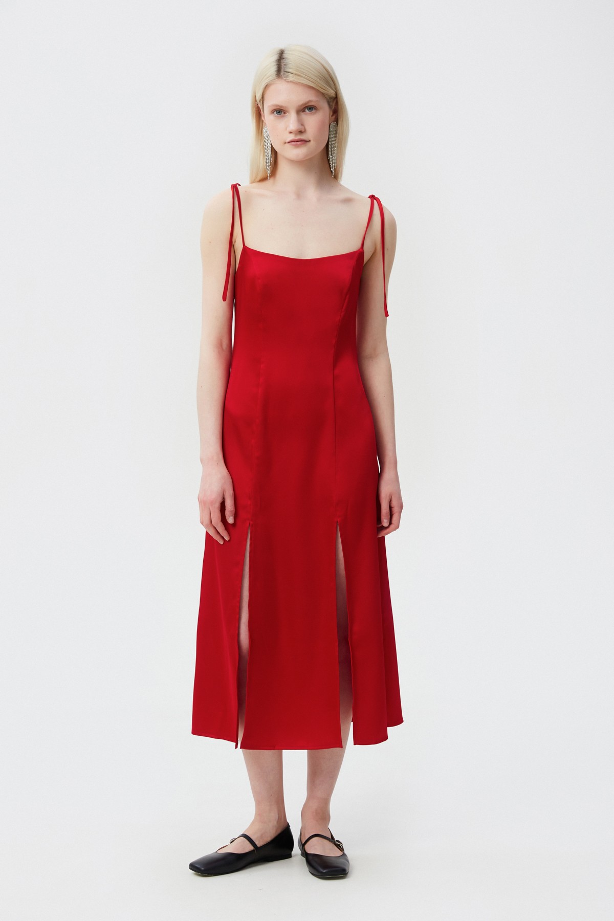 Red satin midi dress with leg slit