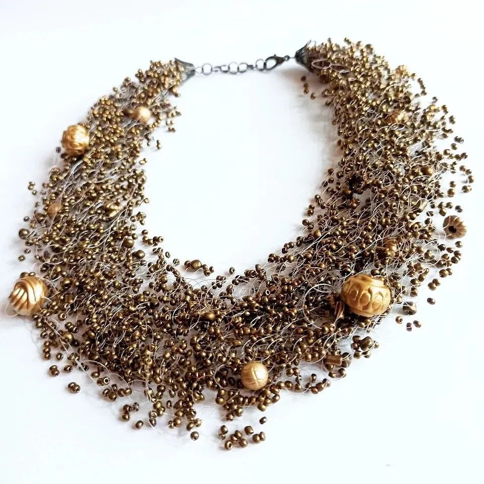 Brown beaded necklace, layered necklaces, gold chunky necklaces