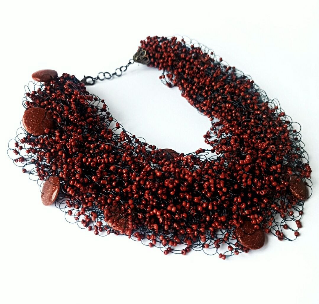 Brown beaded necklace, layered necklaces, gold chunky necklaces