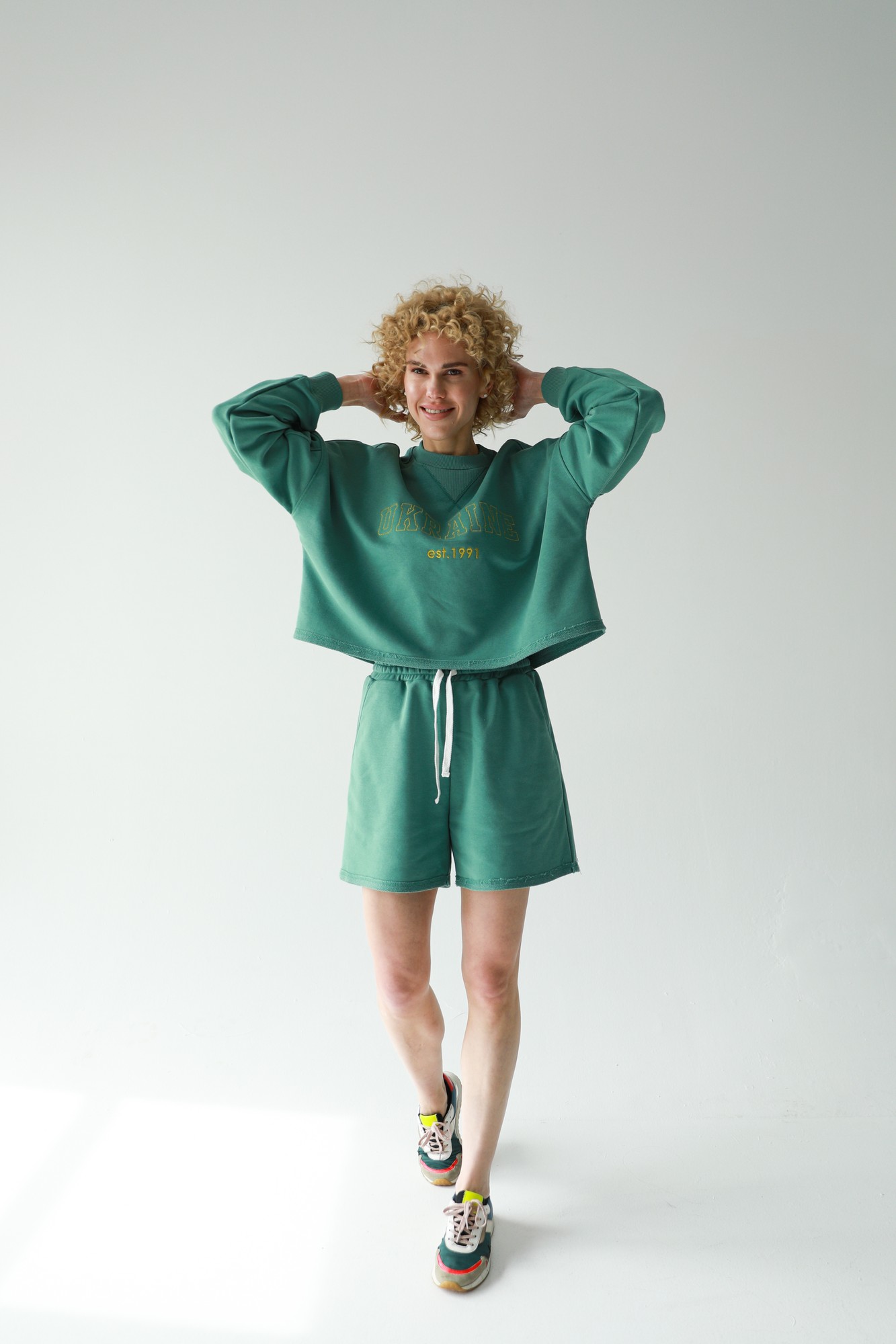 Women's suit with shorts with "Ukraine 1991" embroidery in emerald color