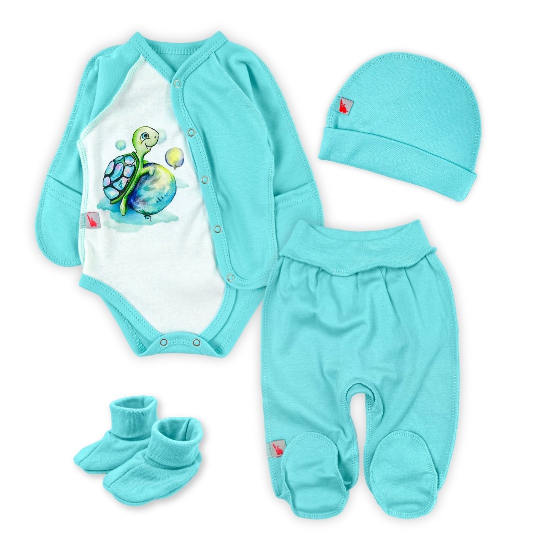 Newborn Set: Onesie, Pants, Hat, and Booties. Turtle print