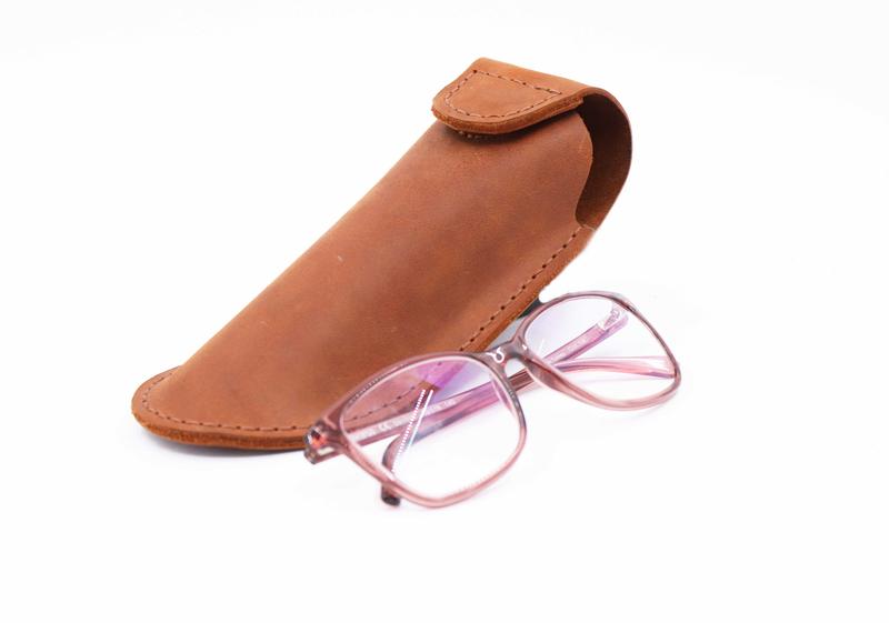 Handmade leather reading glasses case with magnetic closure