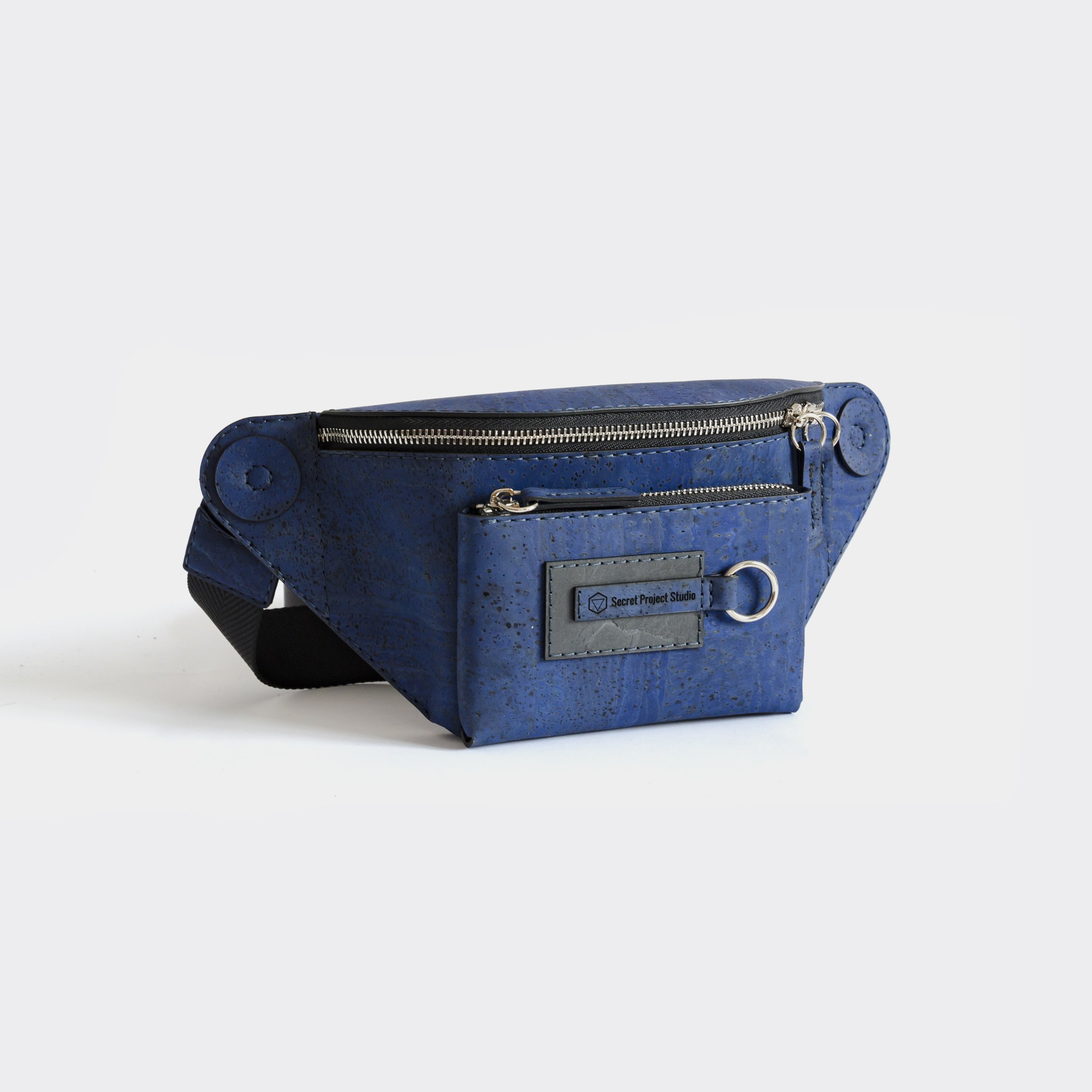 Natural cork chest bag Halti with pocket in denim blue color