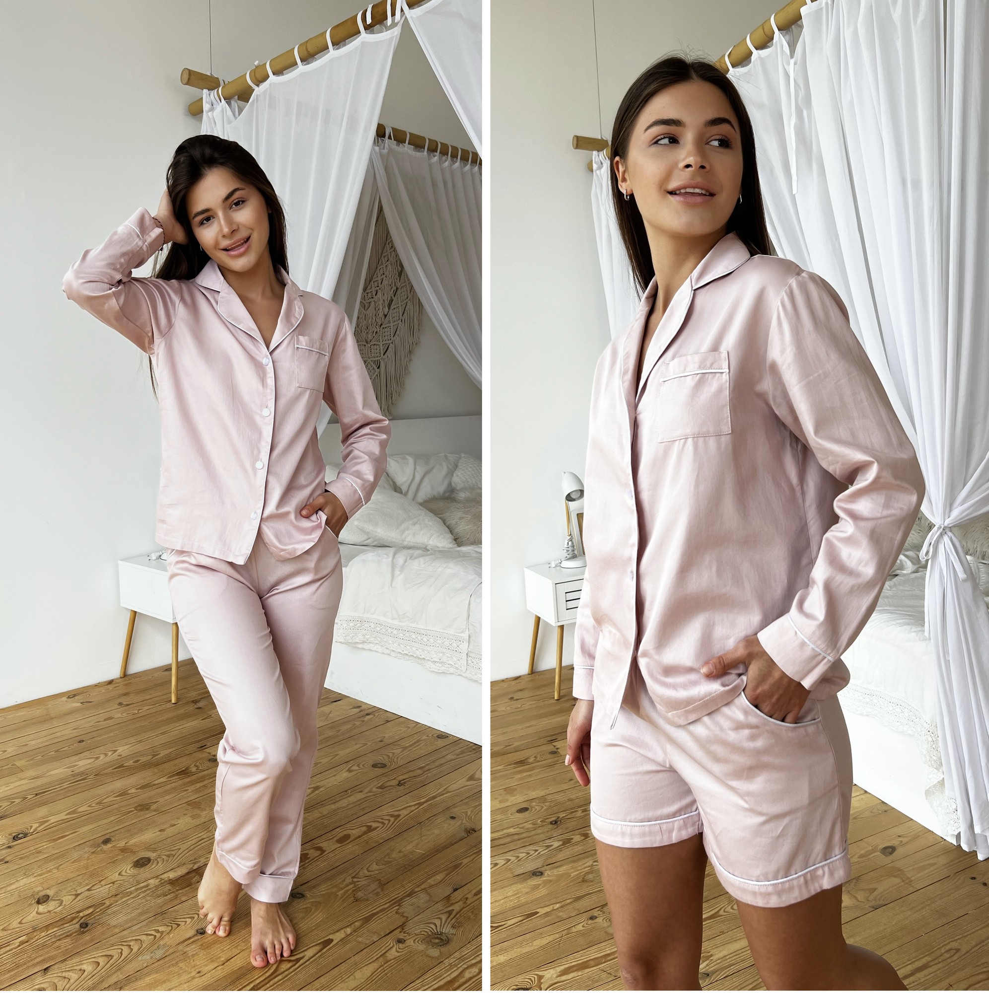 COZY 3-piece satin pajama set for women (shirt+pants+shorts) Pearl dust powder SP100/123