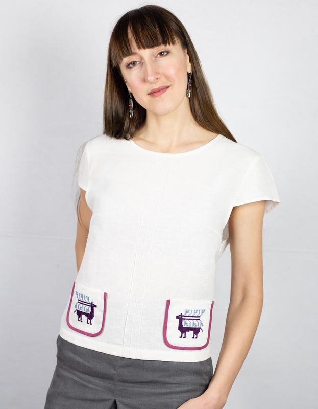 White linen hand embroidery  women's blouse with deers