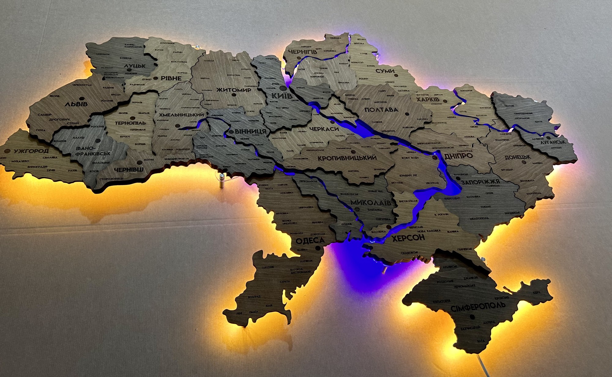 Detailed multilayer Ukraine LED map with backlighting of rivers color Helsinki 120x80 cm (47*31.4 inch)