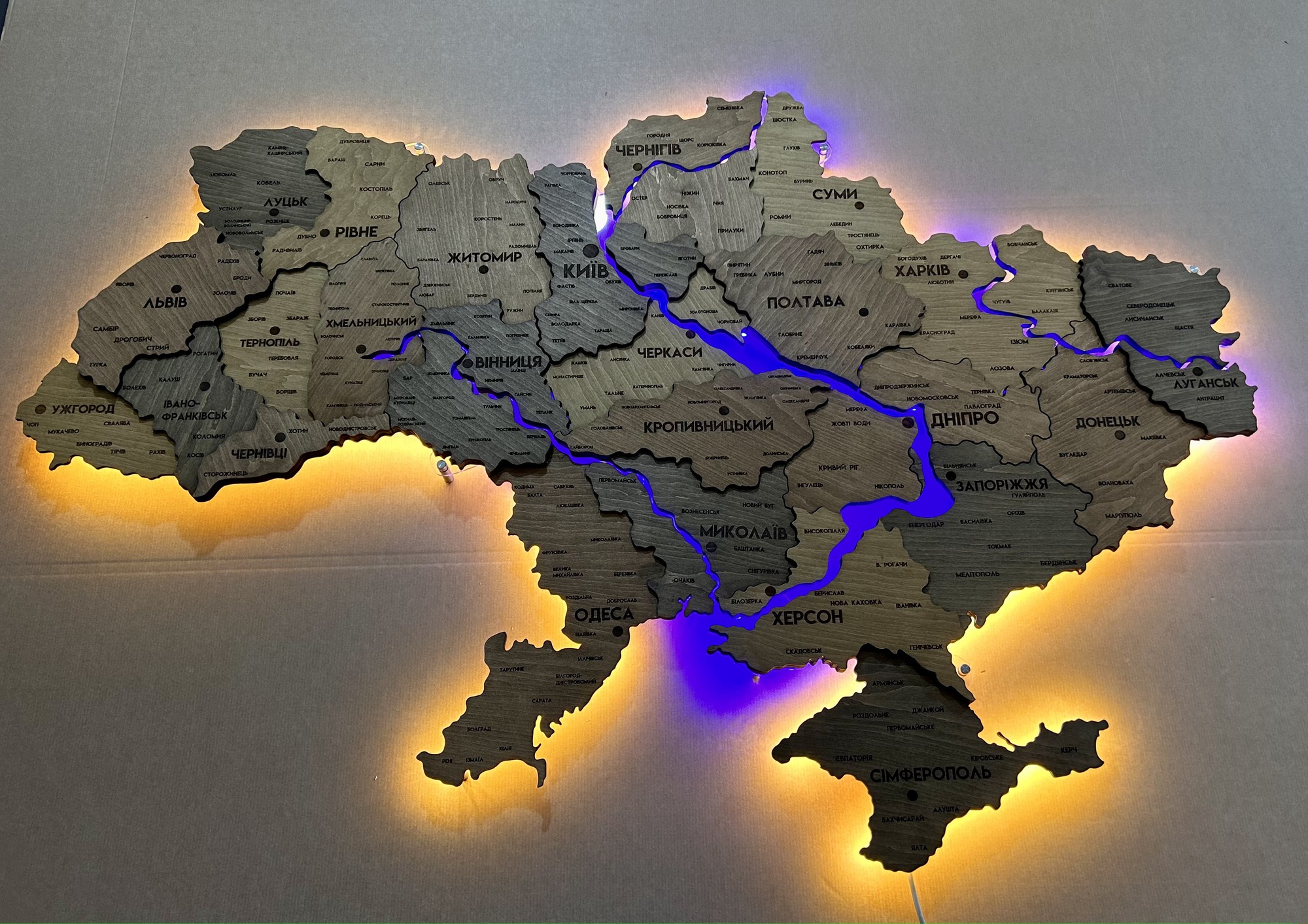 Detailed multilayer Ukraine LED map with backlighting of rivers color Helsinki 150x100 cm (59*39.3 inch)