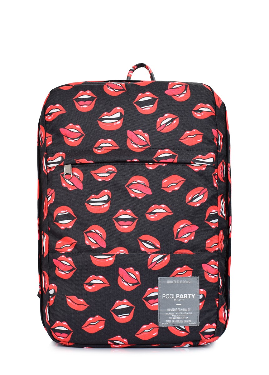 The backpack for carry-on luggage POOLPARTY Hub hub-lips-black 40 x 25 x 20 cm Ryanair / Wizz Air with lips