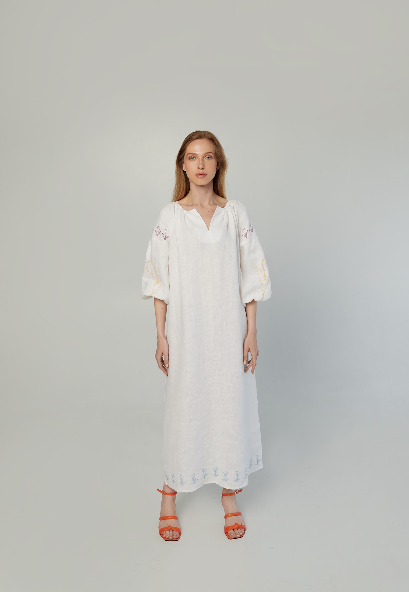 Embroidered oversized linen dress with double colored belts. Kvit Collection