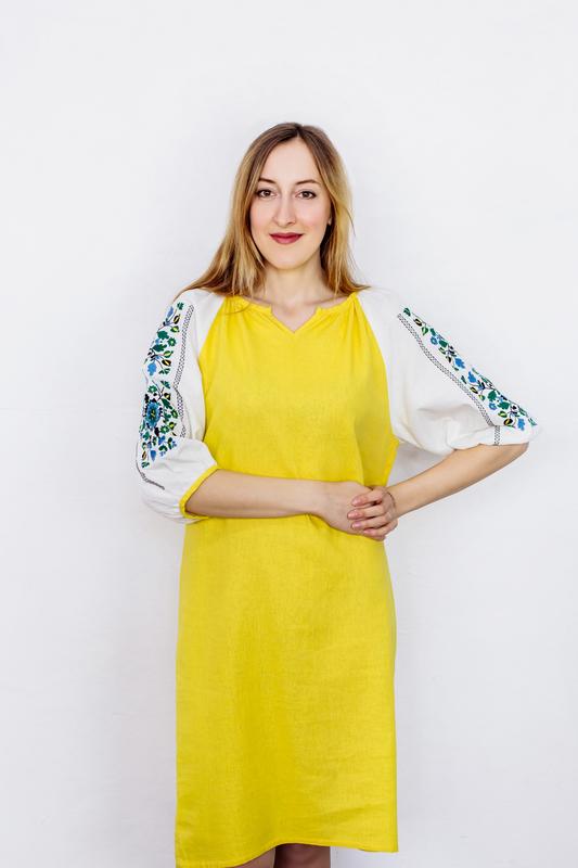 Yellow linen dress with embroidered sleeves "Yavorivska"