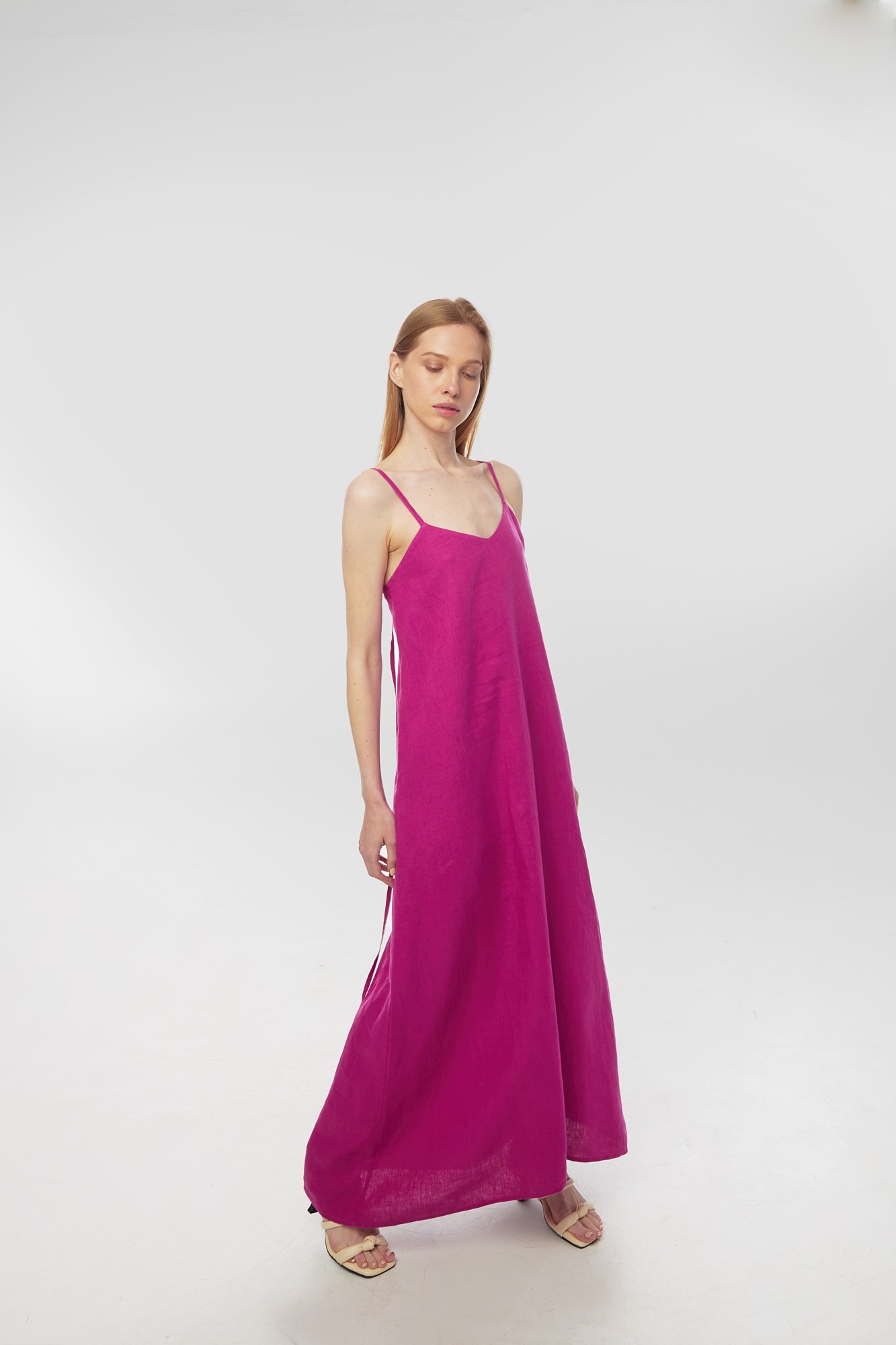 Linen sundress with long straps and raw back seam. Fuchsia color. Kvit Collection