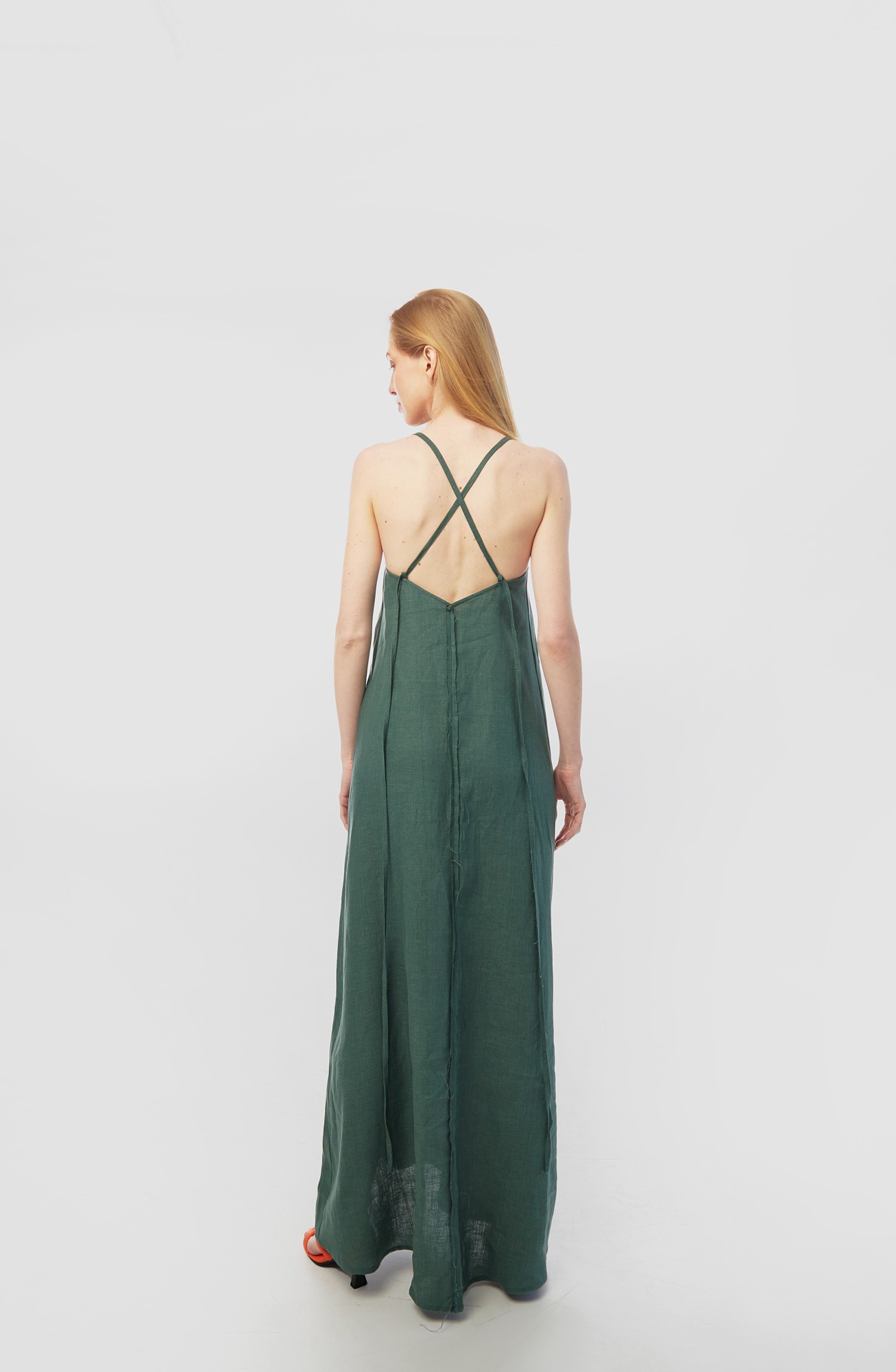 Linen sundress with long straps and raw back seam. Fern color. Kvit Collection