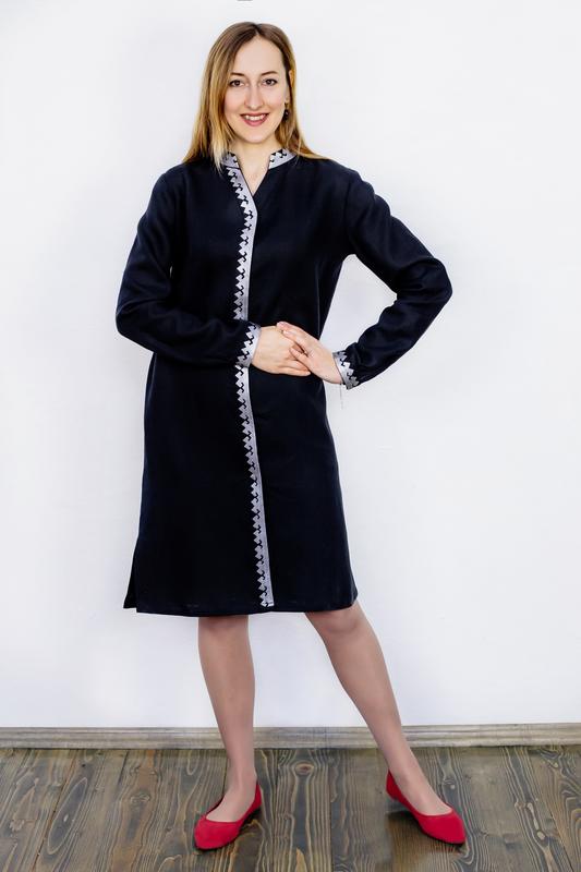 Black linen shirt dress with silver embroidery Office