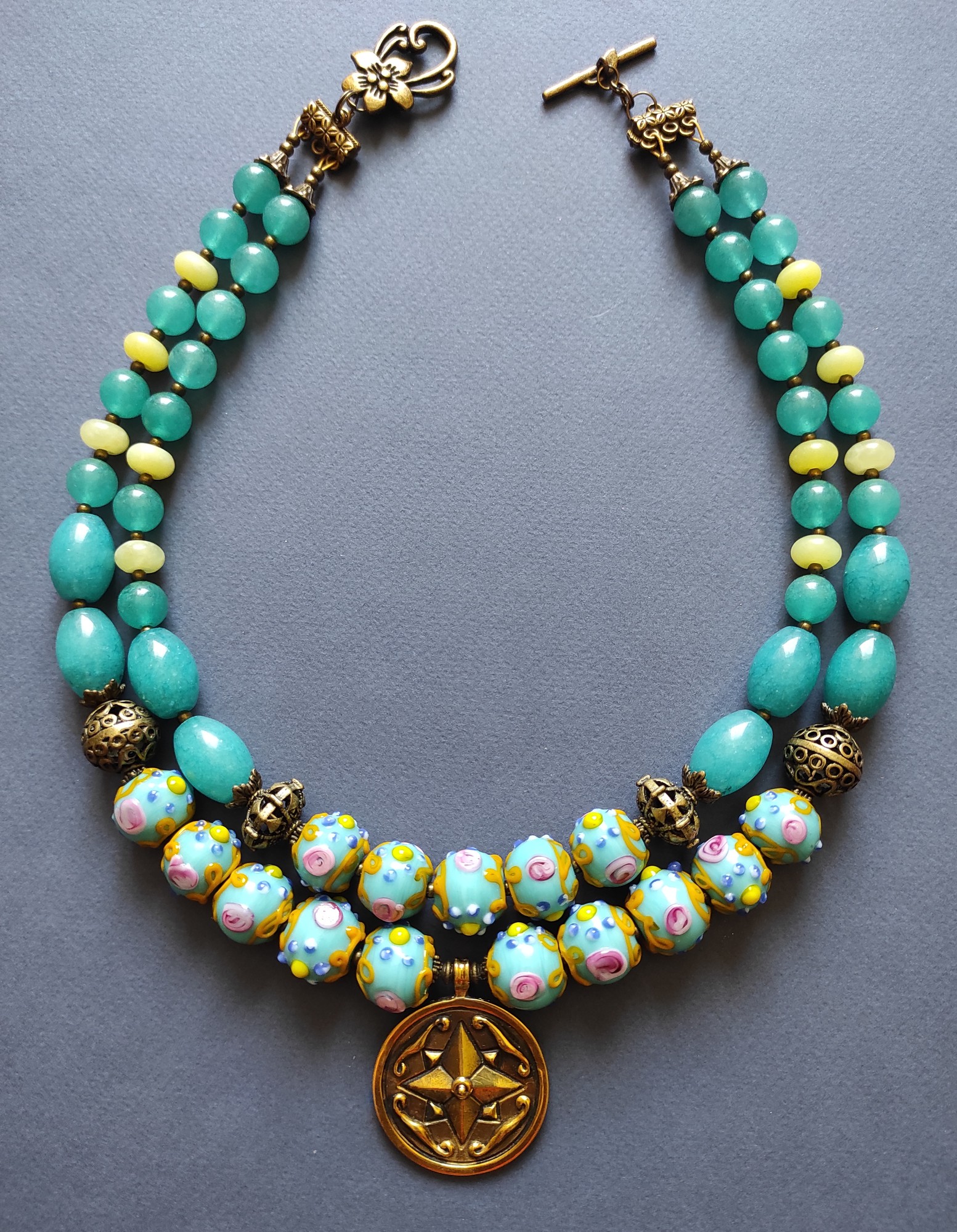 Necklace "Nymphaea" from chalcedony, jadeite and glass beads