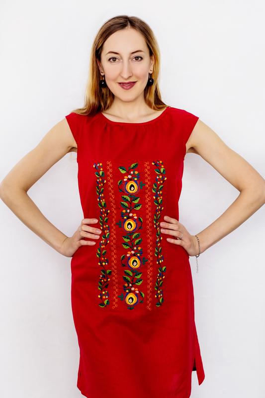 Red linen embroidered dress Dnister