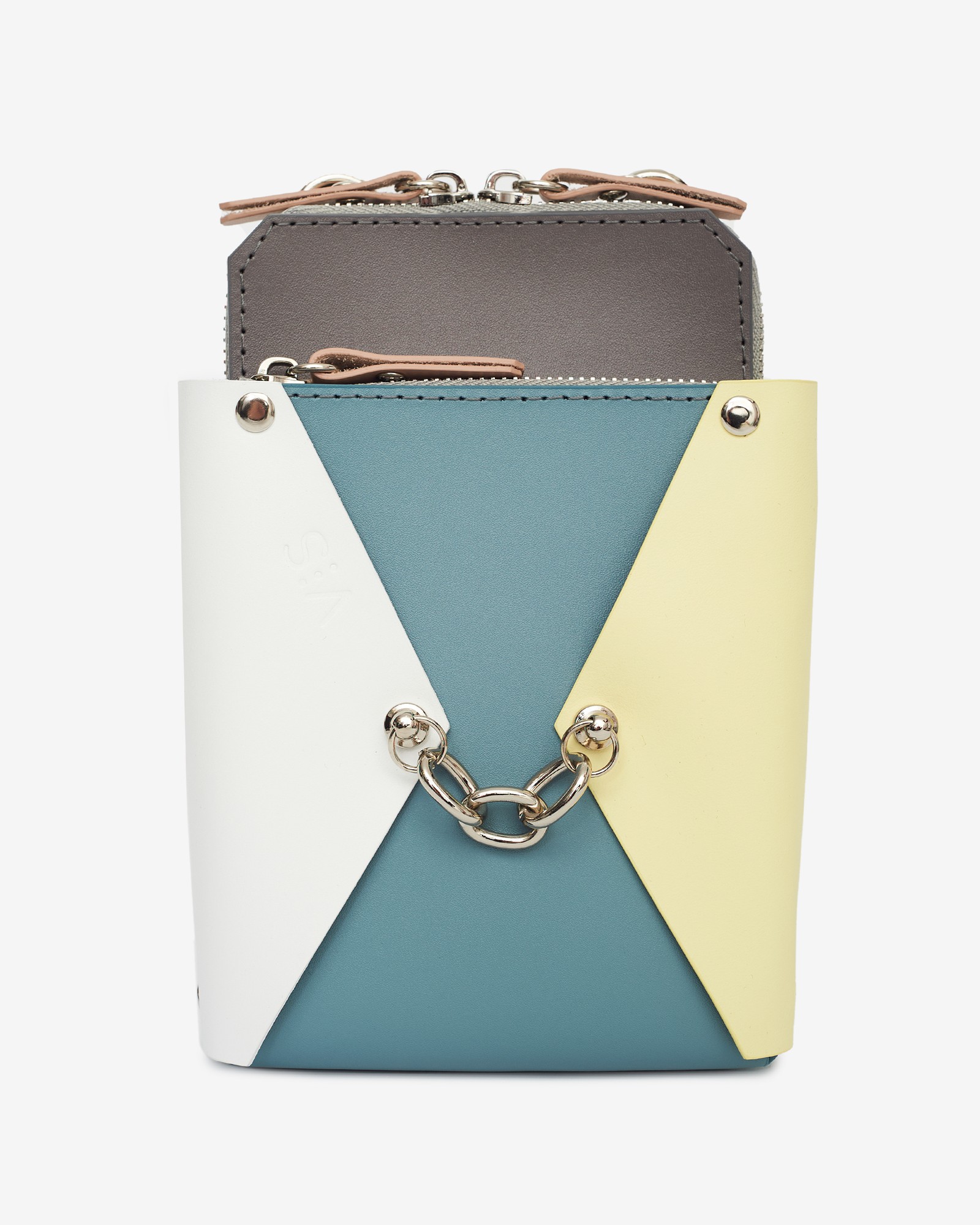Talia leather bag in grey, white, blue and pink color