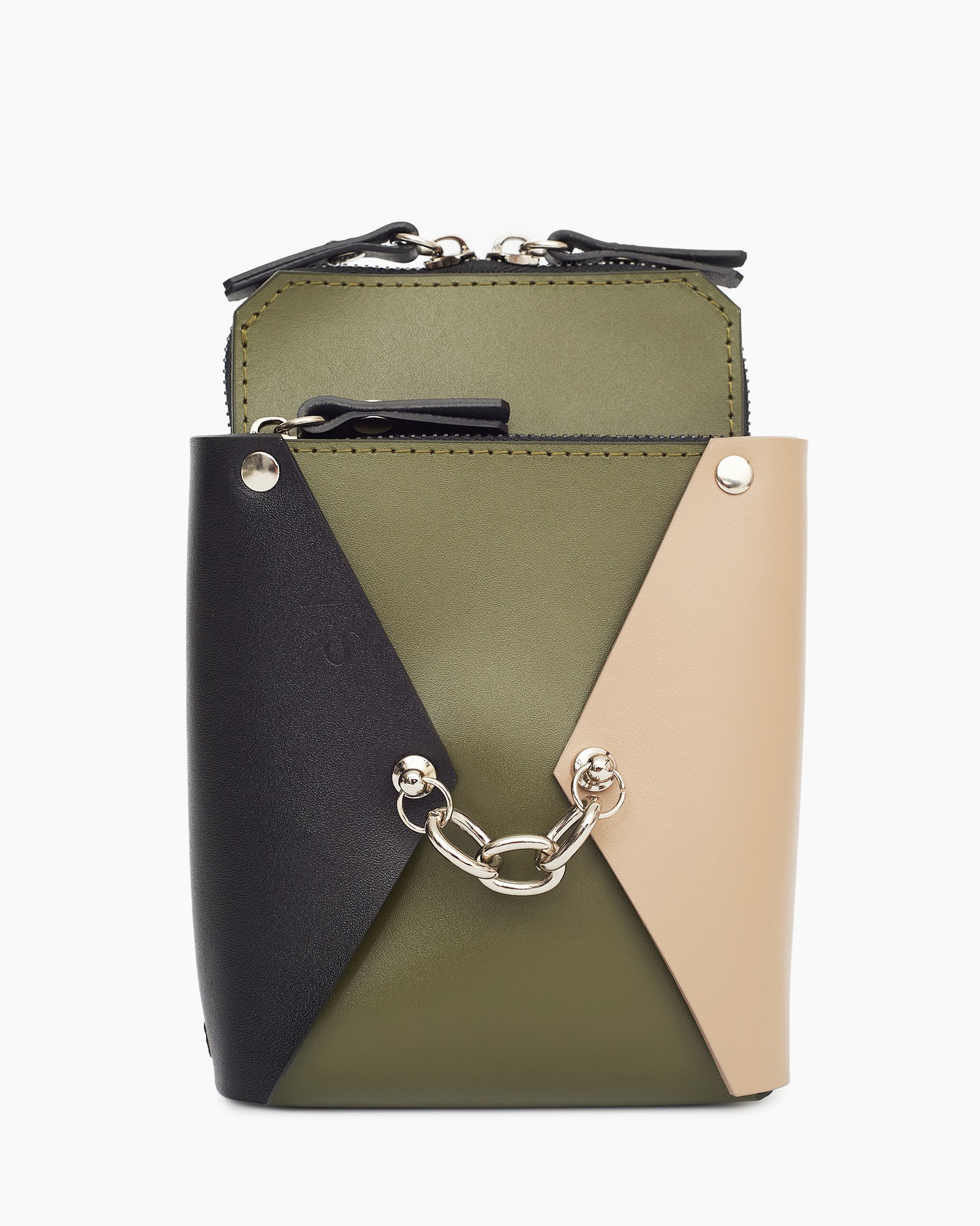 Talia leather bag in olive, beige and black color