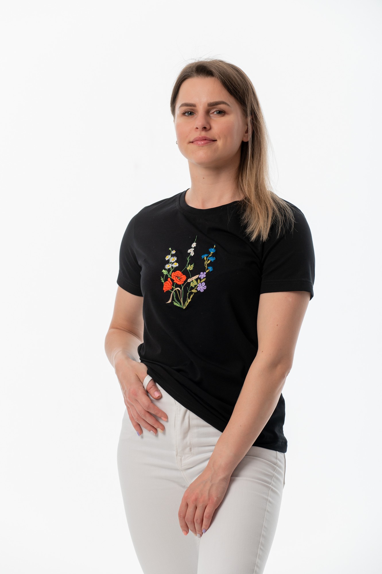Women's t-shirt with embroidery "Coat of arms Blooming Ukraine" black