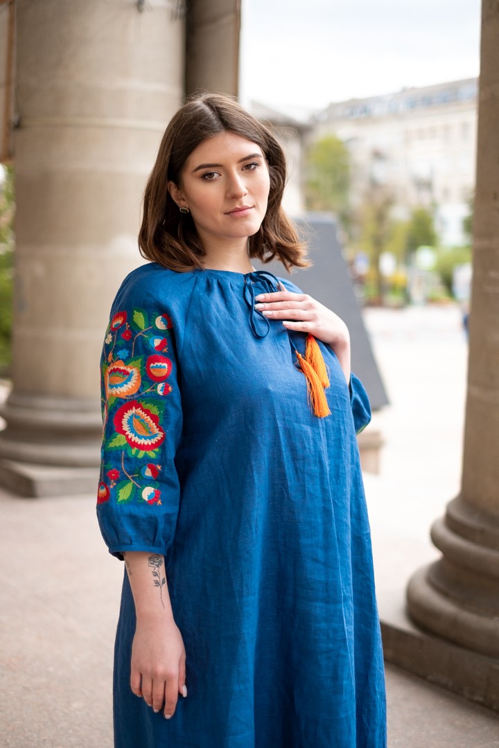 Embroidered blue linen dress Bolekhivska kvitka