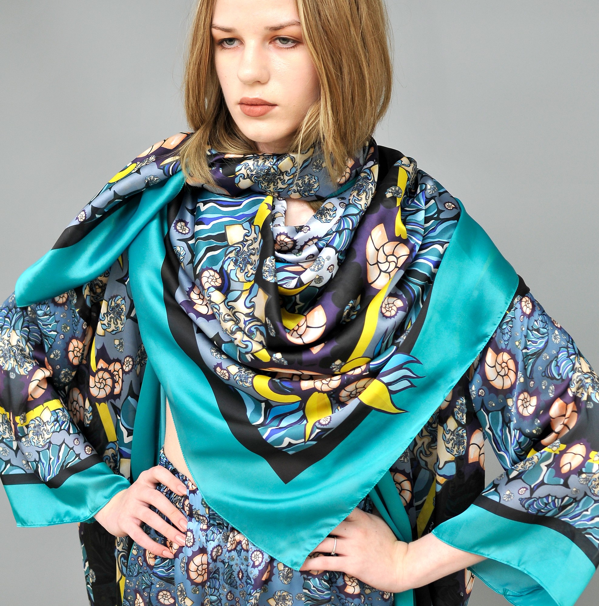 Silk scarf from the collection ocean ,size145/145 36601 from Mariya
