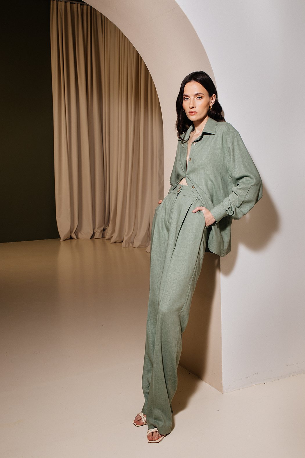 Linen suit, pants palazzo and shirt, olive color