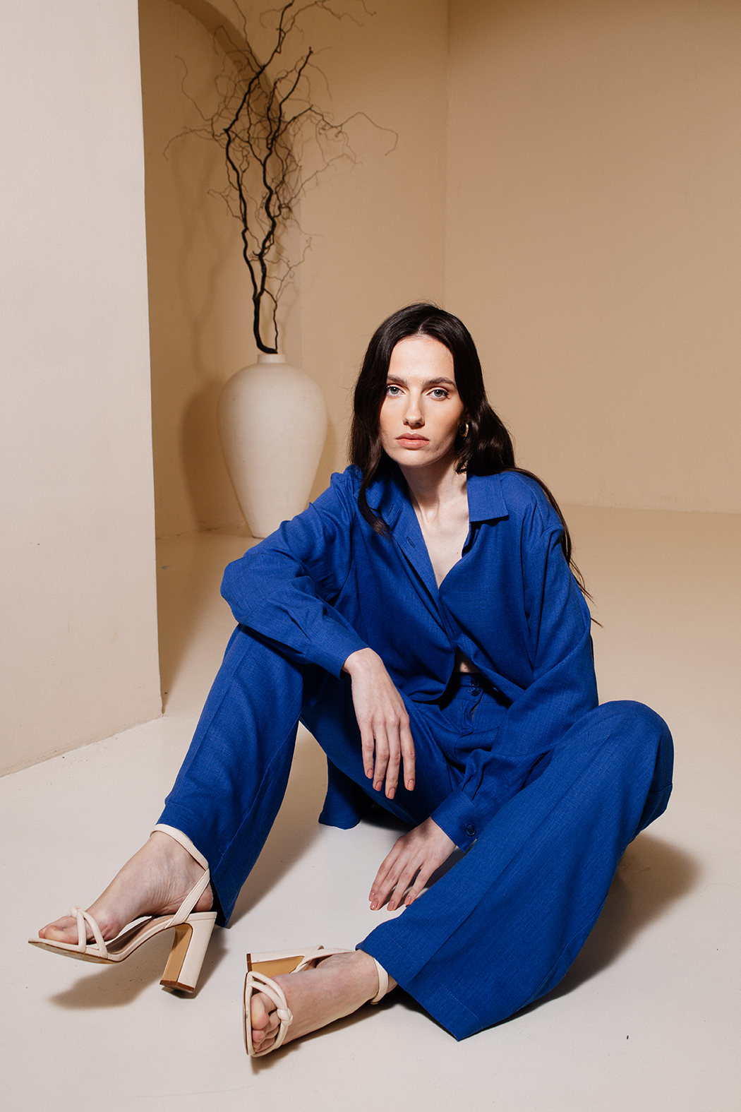 Linen suit, trousers palazzo and shirt, blue color